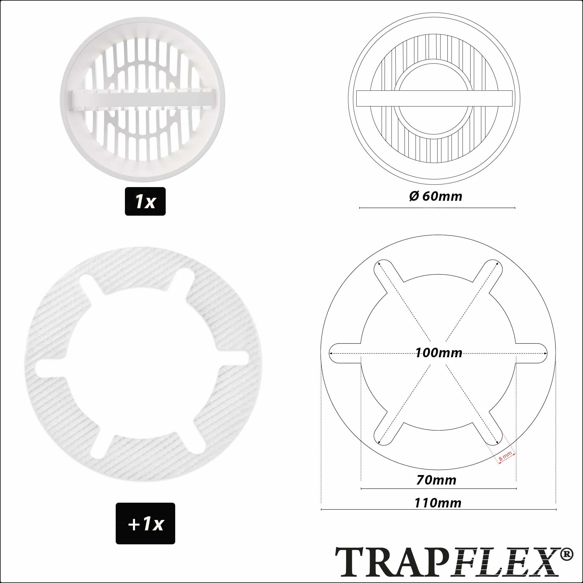 1 x Trapflex sitko do włosów/filtr do włosów + 1 x łapacz włosów (kompatybilny z zestawem odpływowym Tempoplex numer modelu 6961, 6962, 6963, zastępuje numer części 582951/6961.96)