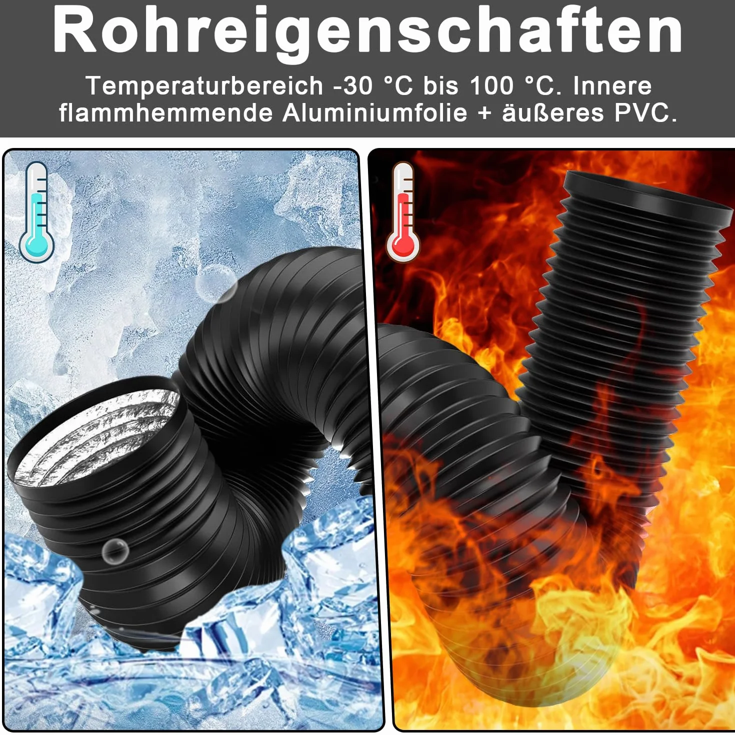 Wąż odprowadzający powietrze 125 mm z aluminium, elastyczne rury aluminiowe, długość 2 m, PVC, rury wentylacyjne z 2 kołami stalowymi, wąż do klimatyzacji, wąż odprowadzający powietrze z klimatyzatora