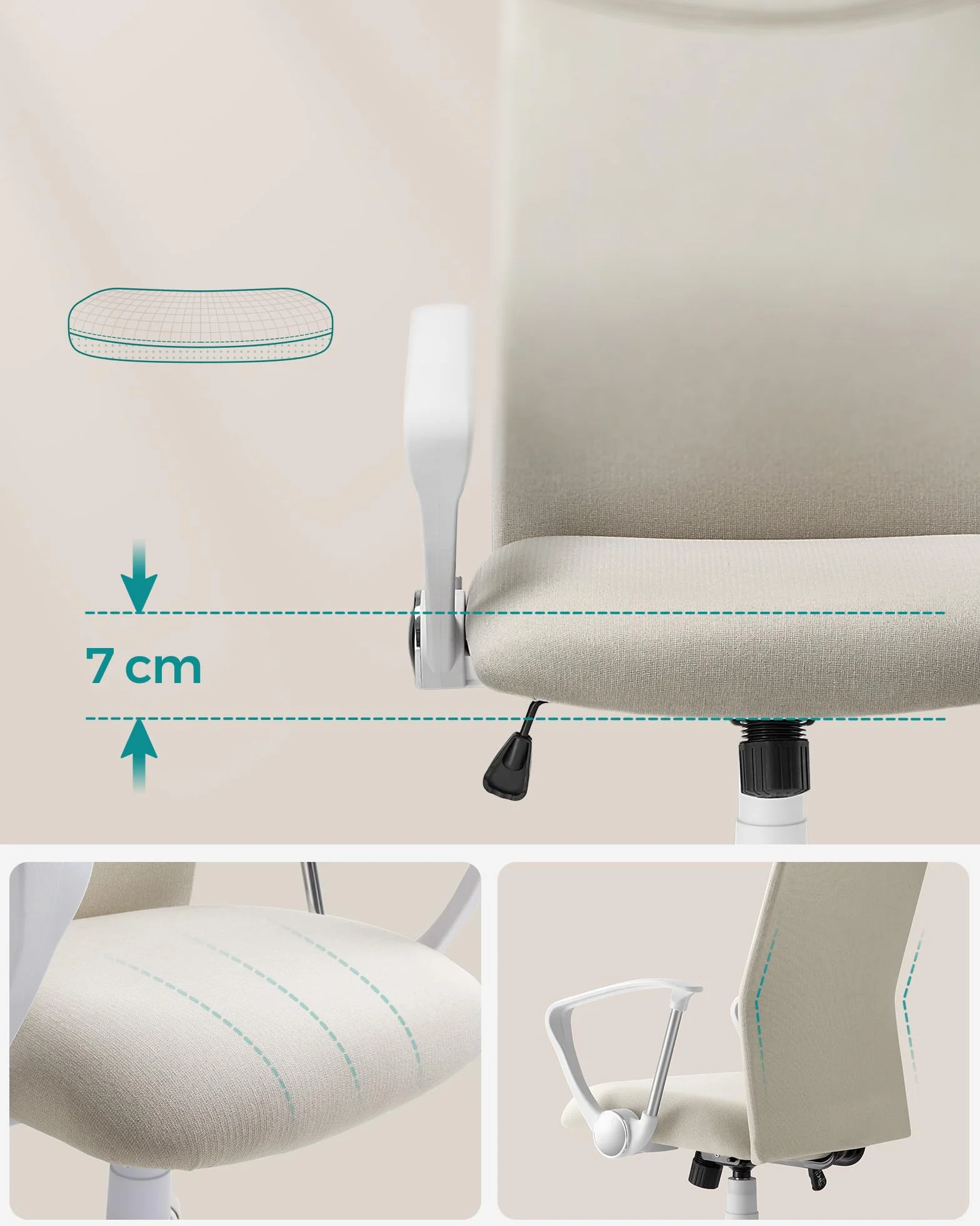 SONGMICS Fotel biurowy, ergonomiczne krzesło, obrotowe siedzisko, wyściełane siedzisko, regulacja wysokości i nachylenie, nośność 120 kg, beżowy Cappuccino OBN034K01