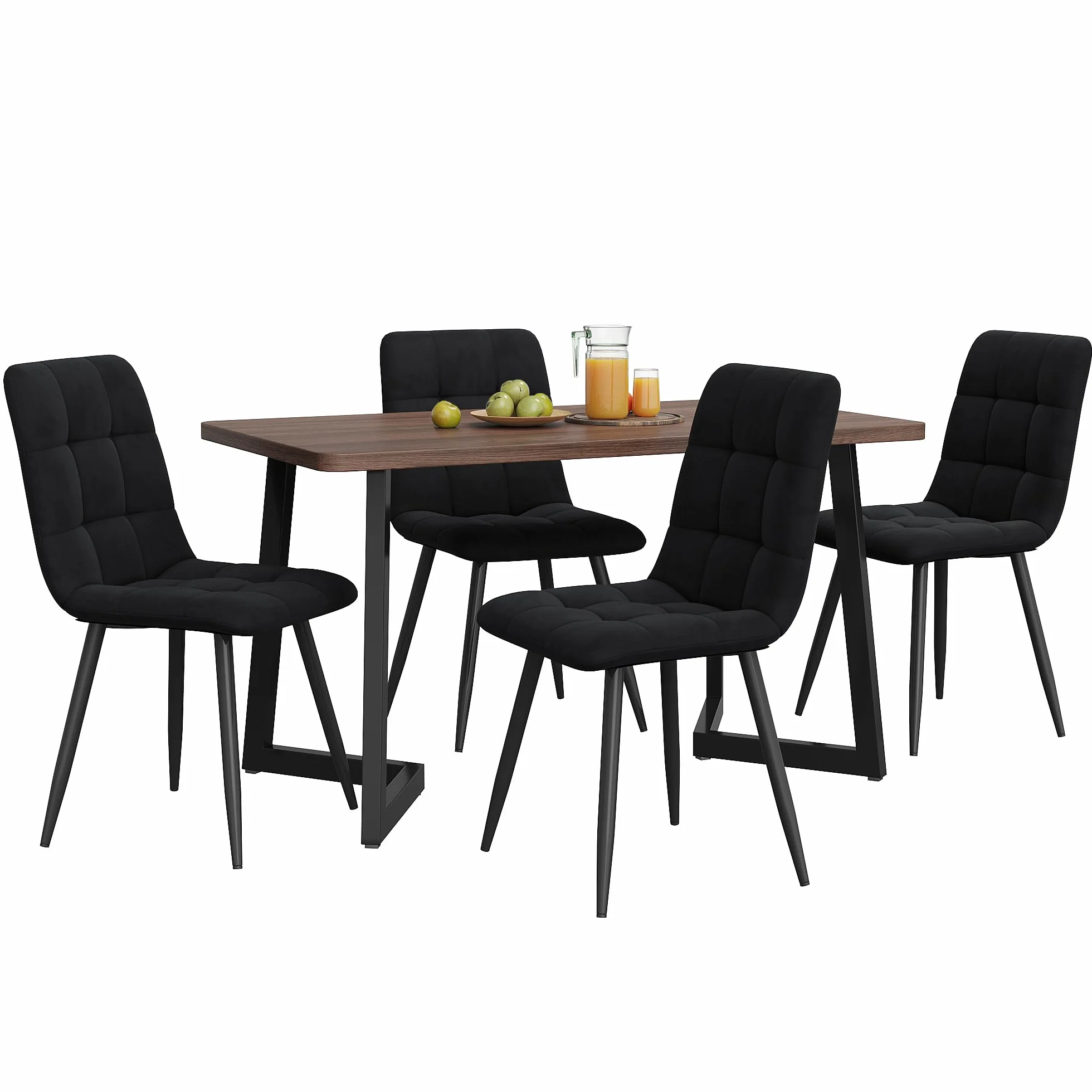 Zestaw do jadalni 5-częściowy: nowoczesny stół do jadalni z 4 aksamitnymi krzesłami, blat z płyty MDF, czarne metalowe nogi, ergonomiczny design, idealny do jadalni i kuchni, elegancki komfort.