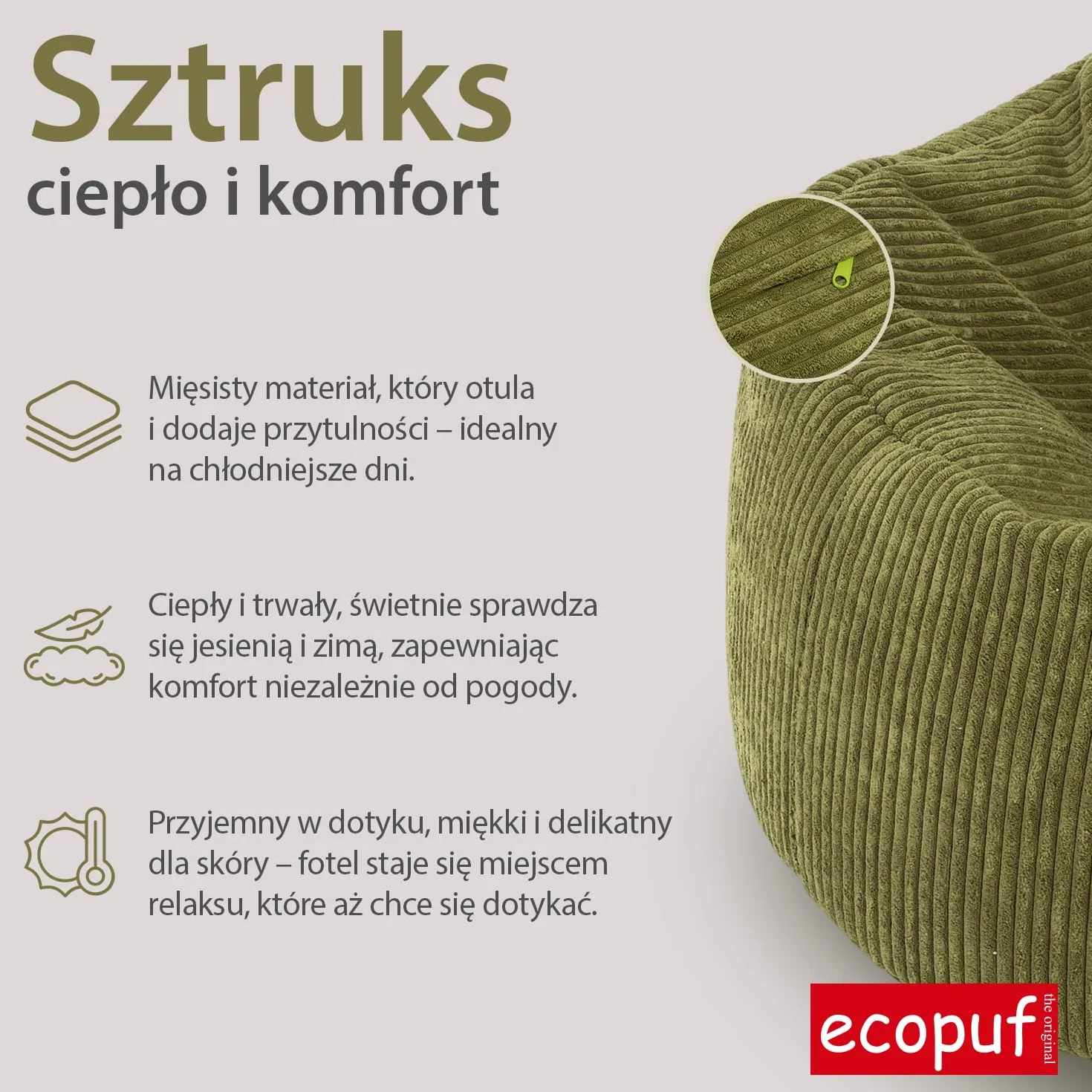 Ecopuf Keiko Siedzisko Cord Fotel Rozmiar S 75x75x70 cm welur z uchwytem i poduszką