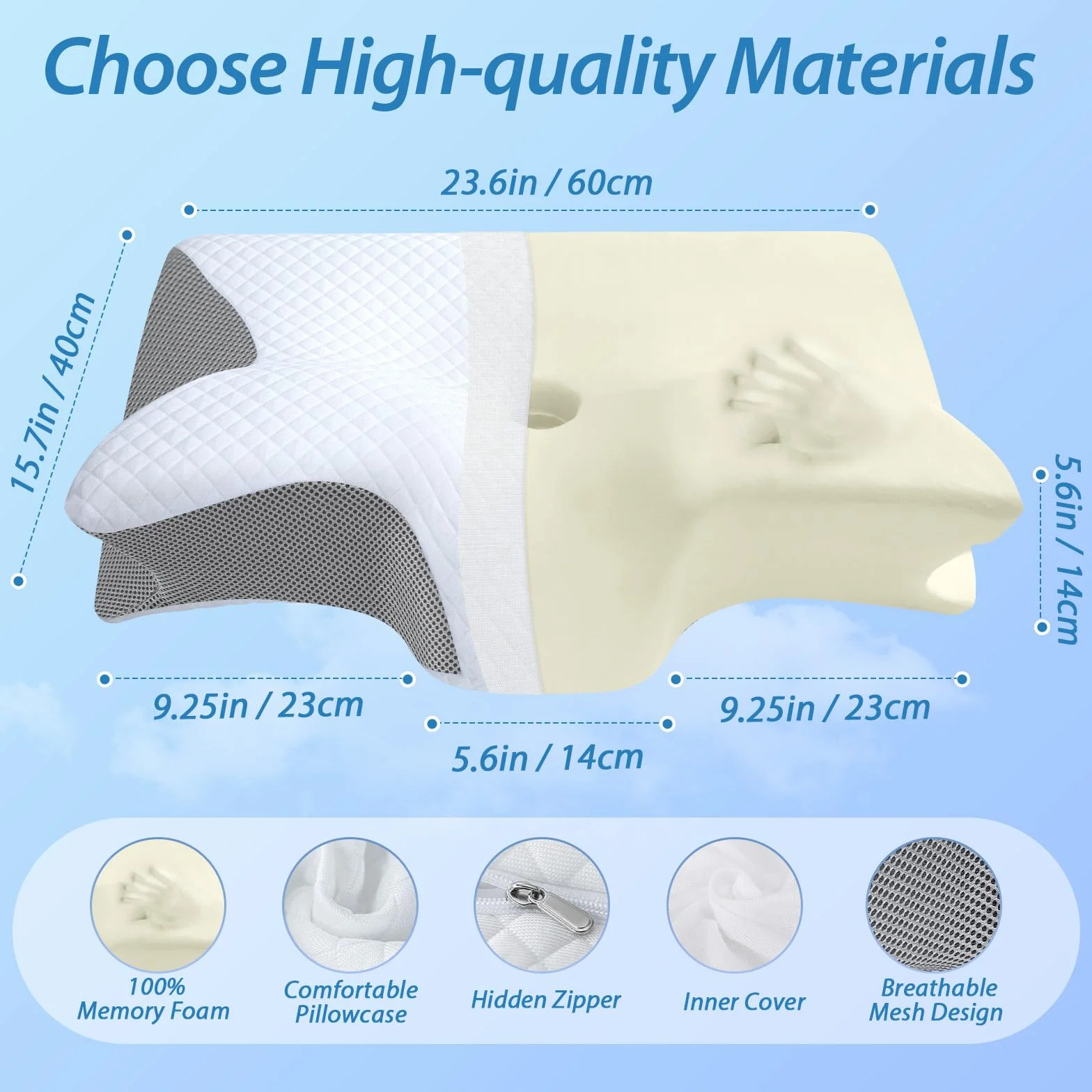 HOMCA Ergonomiczna Poduszka pod Kark, 2 w 1, Poduszka z Pianki z Pamięcią Kształtu, dla Osób Śpiących na Plecach, na Boku i na Brzuchu (Szary)