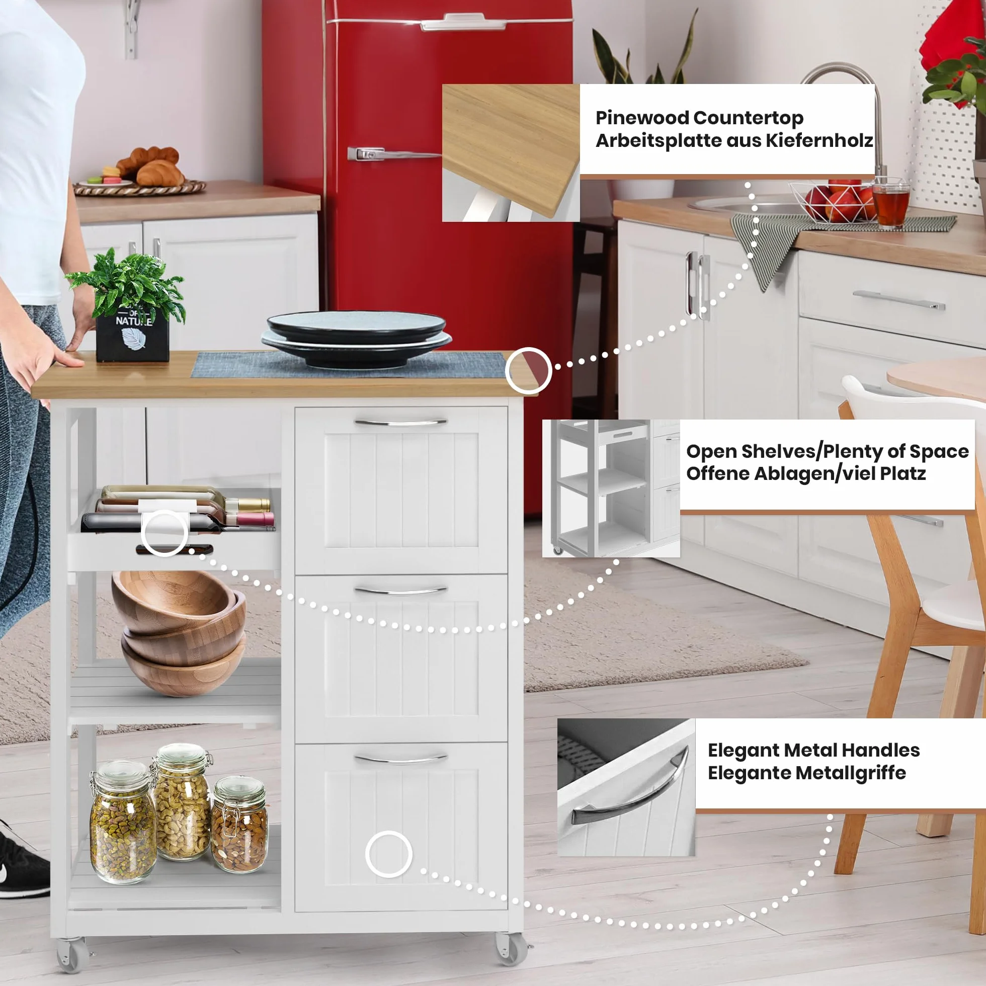 MIADOMODO® Wózek kuchenny z 3 szufladami, blat roboczy, drewno/MDF, biały 67x37x87 cm