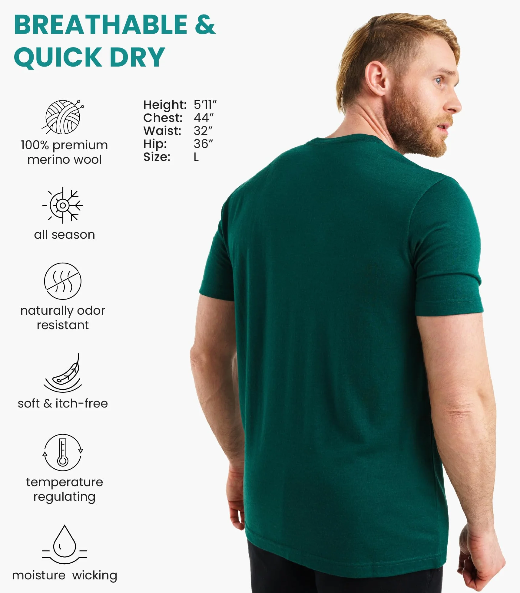 Merino.tech T-shirt męski z wełny merynosów - 100% organiczna wełna merynosowa lekka warstwa bazowa + skarpety wełniane do wędrówek