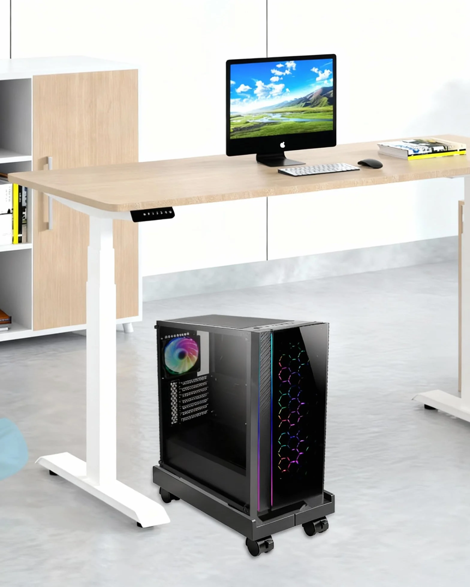 Stojak na komputer z kółkami, regulowany uchwyt CPU, wózek pod biurko, uniwersalny do PC (czarny)
