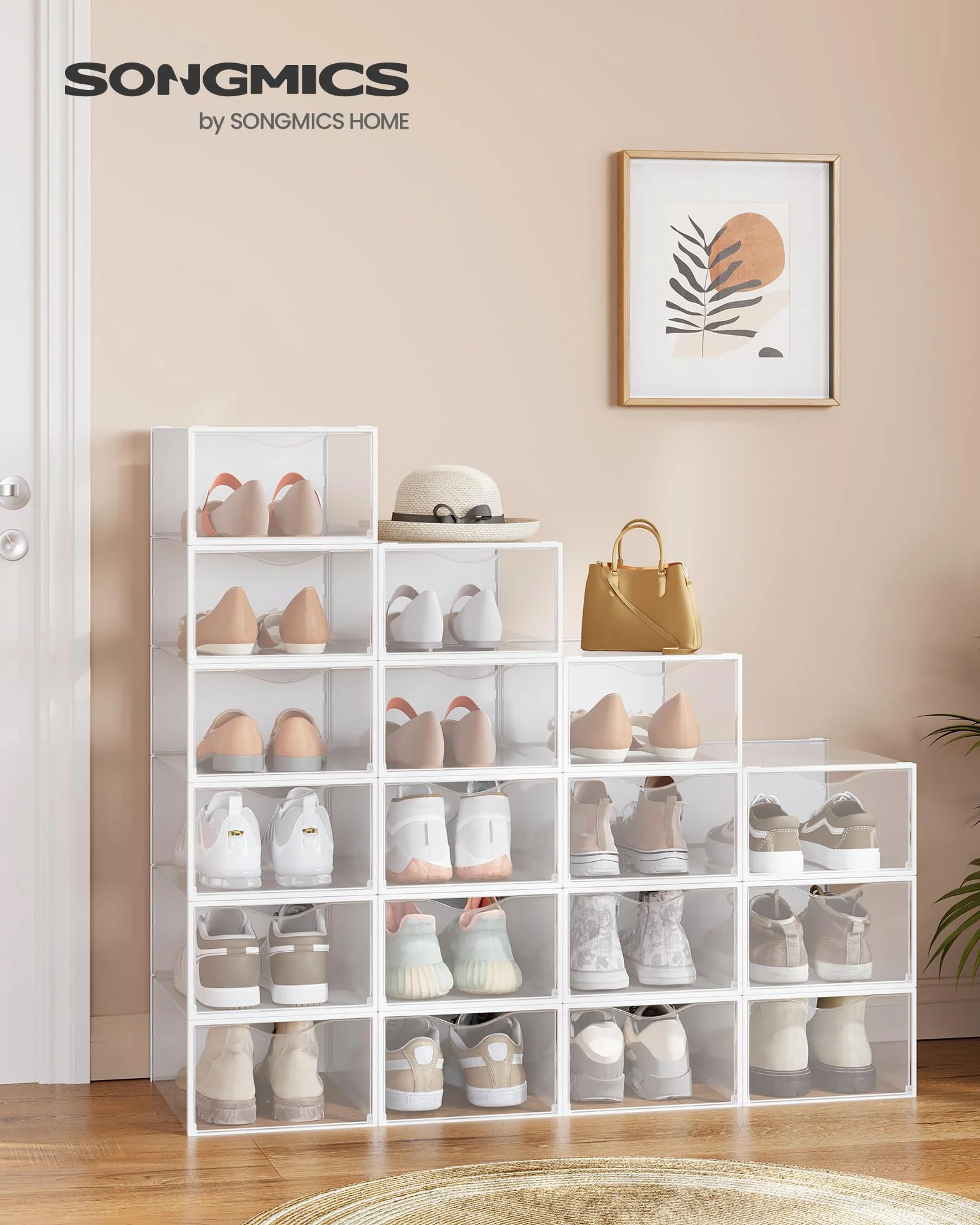 SONGMICS Pudełka na buty plastikowy organizer z drzwiczkami przezroczysty biały zestaw 18 sztuk 33,2 x 23 x 14,5 cm