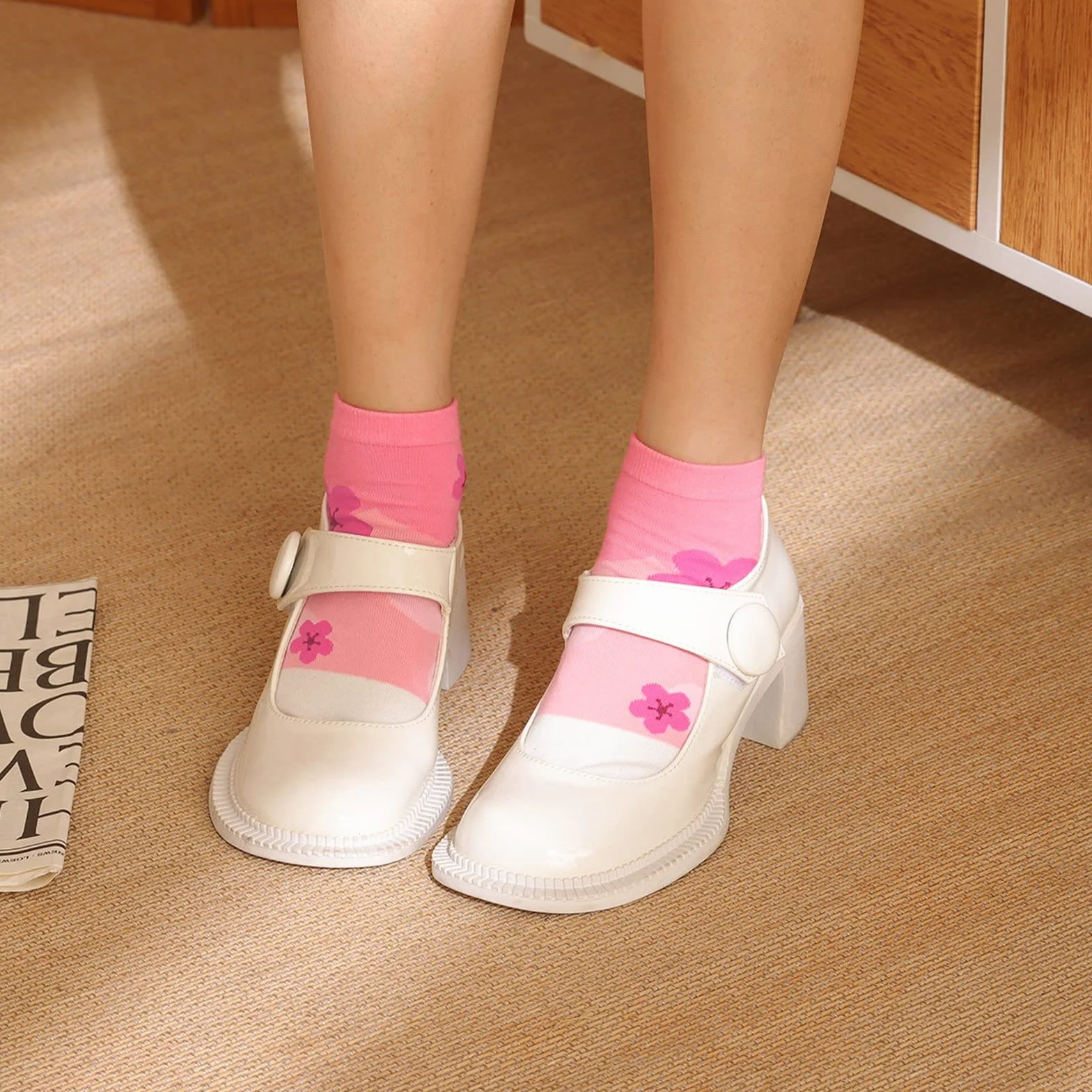 Tabi damskie skarpety typu flip flop, skarpety z bawełny, krótkie skarpety z dwoma palcami, styl japoński, kolorowe, zabawne wzory Sakura, rozmiar 35-41, 4 pary, 1 para kotów szczęścia