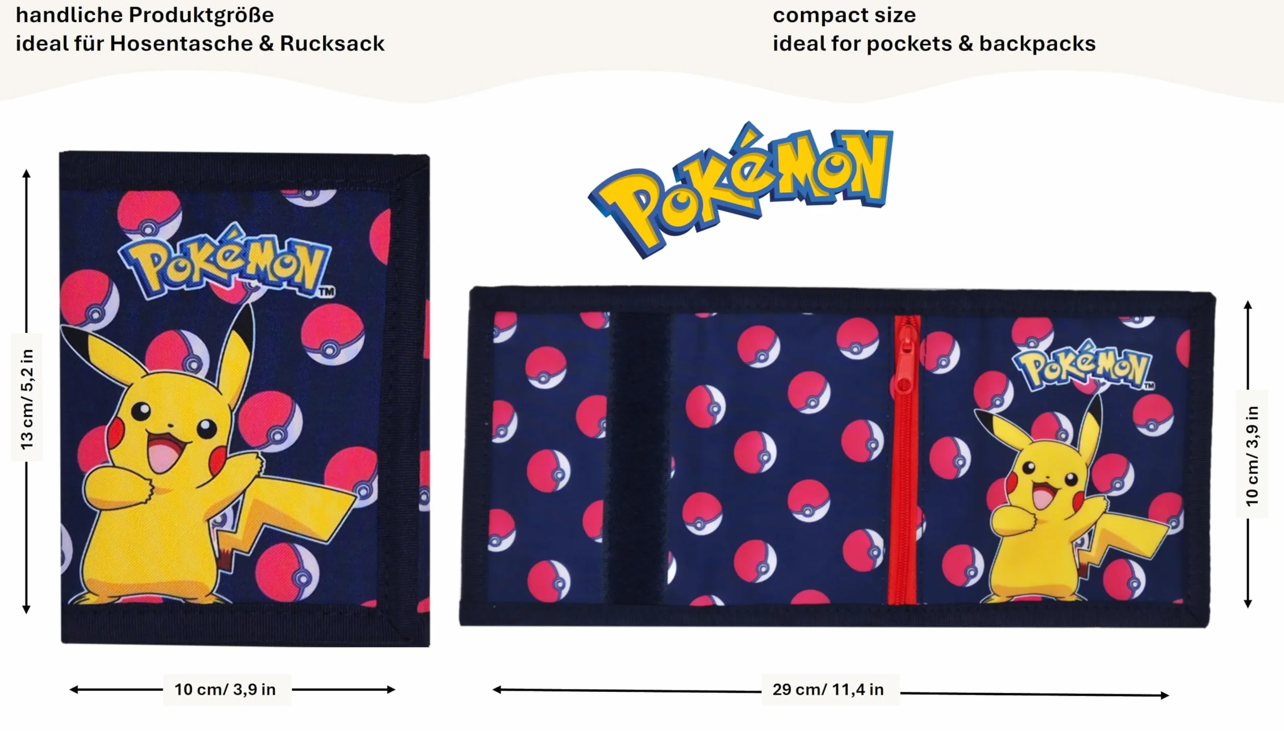 Theonoi Pokémon portfel dziecięcy z motywem Pikachu i Pokéball – oficjalny artykuł dla fanów portfel z kieszenią na monety i zapięciem na rzepy dla chłopców i dziewczynek