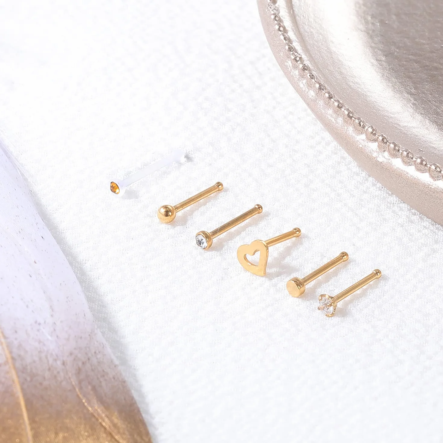 ZS 12 szt. kolczyków do nosa 20 g – stal chirurgiczna w kształcie litery L, śruba do nosa, kości, nosa, biżuteria dla kobiet (złoto, proste kolczyki do nosa)