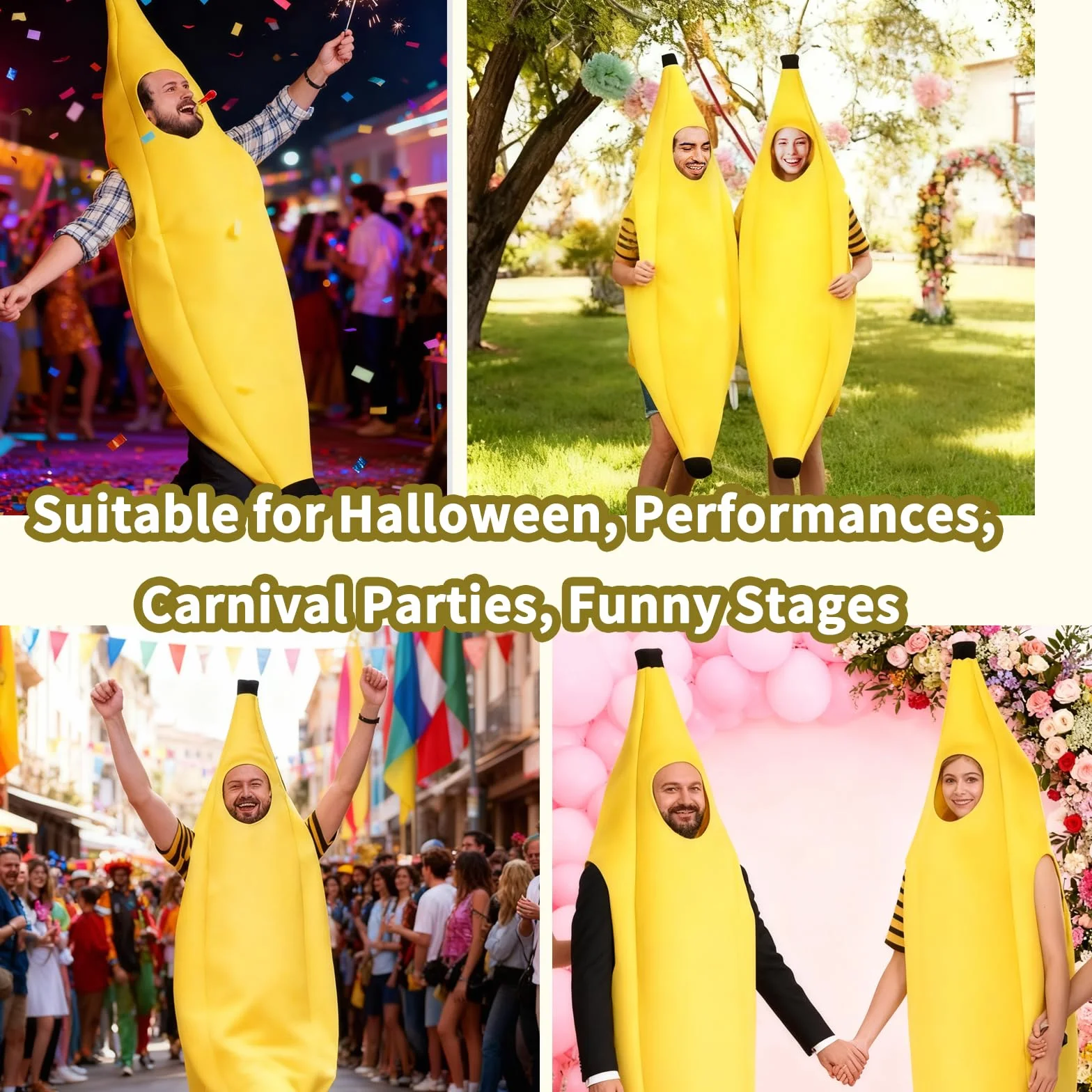 Zabawny kostium bananowy dla dorosłych, uniseks, z żółtymi okularami, na karnawał, Halloween, cosplay, zabawny kostium dla mężczyzn i kobiet, 150-175 cm