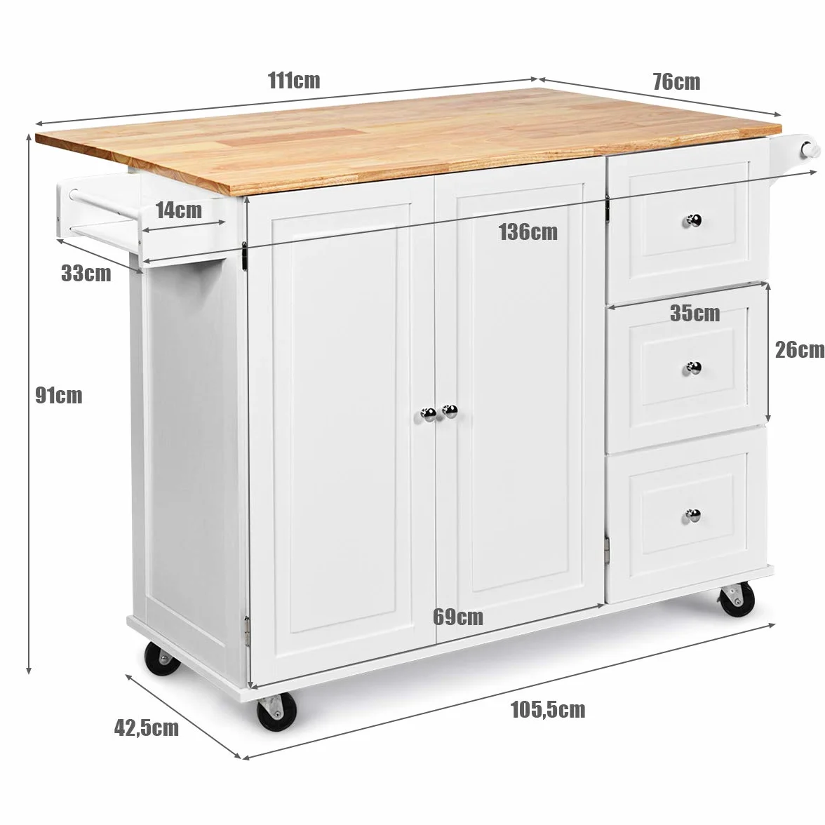 COSTWAY Wózek kuchenny na kółkach 136 x 76 x 91, wyspa kuchenna z drewna