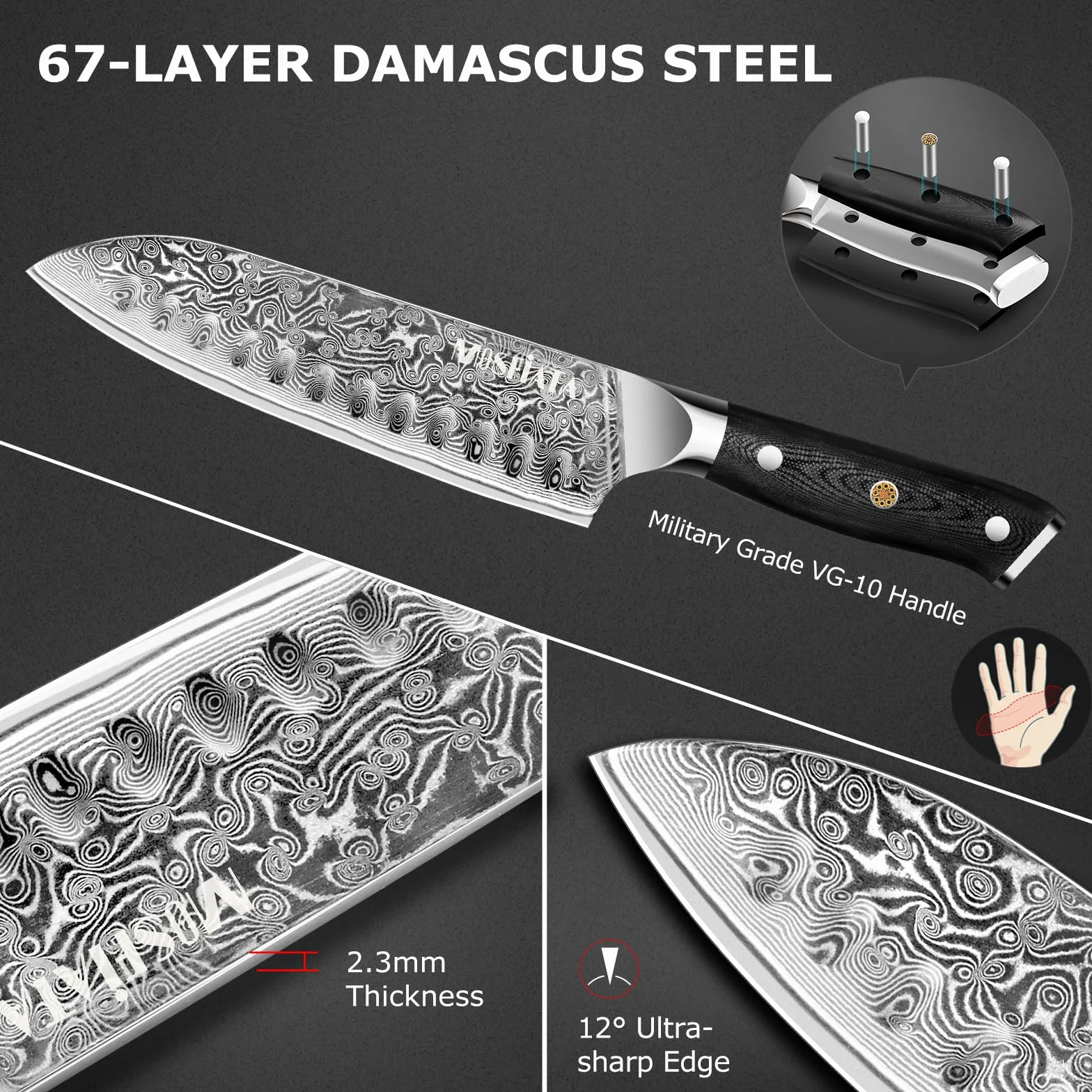 Nóż Santoku damasceński japoński szefa kuchni z ostrzałką, prezent
