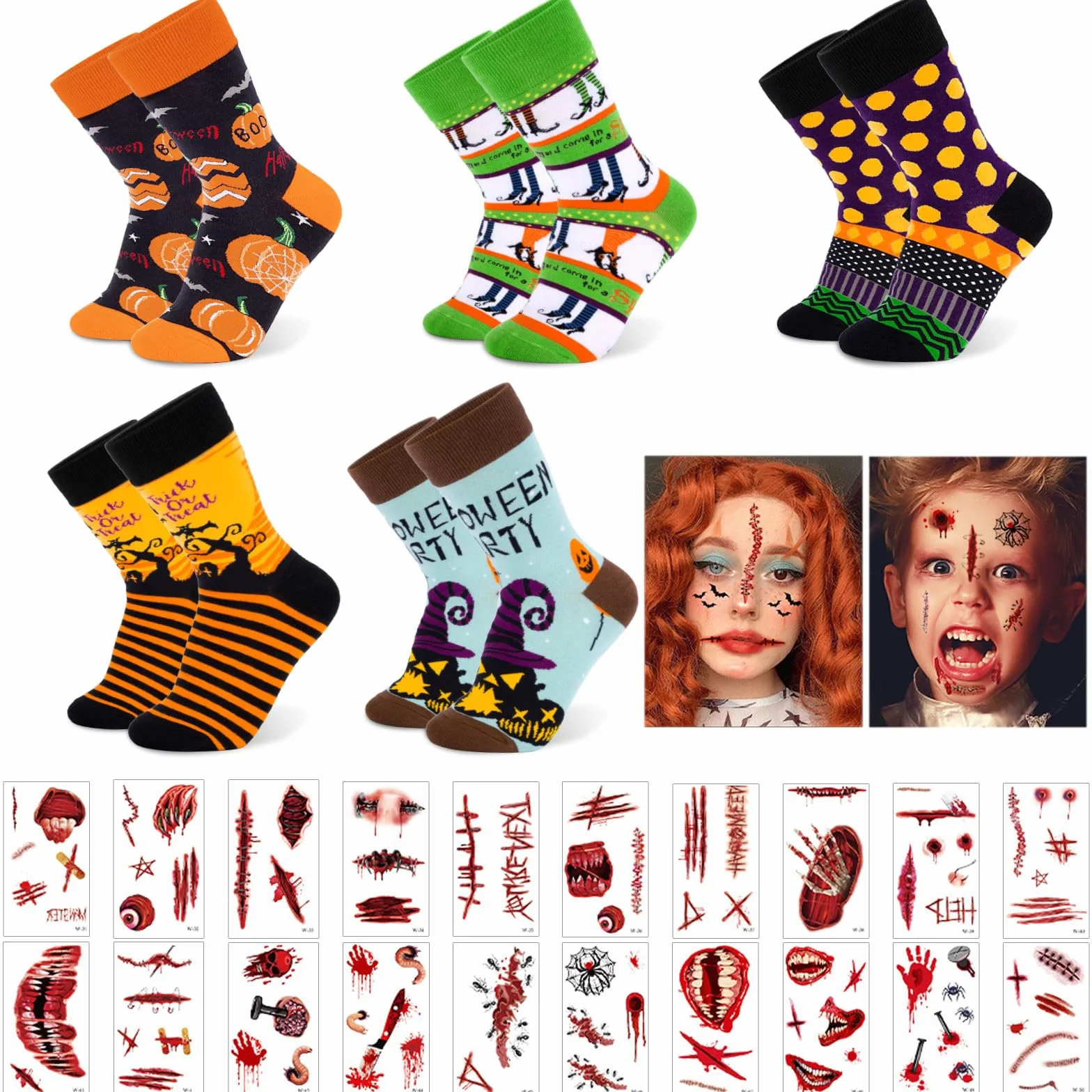 Likesing 5 par skarpet zima Halloween 30 liści tatuaż twarz naklejki tymczasowe blizny kobiety mężczyźni skarpety termiczne bieganie śmieszne kolorowe skarpetki akcesoria prezenty