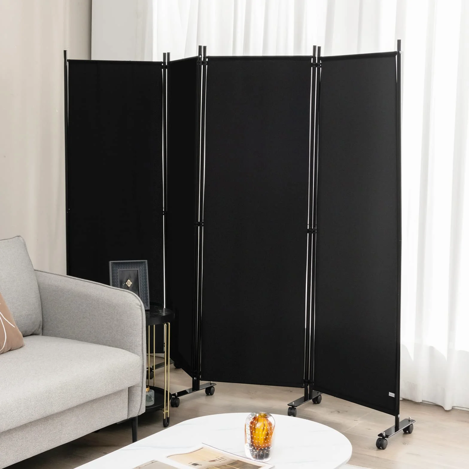 GOPLUS 4-częściowa składana ścianka działowa 225 x 173 cm metalowa rama parawan z rolkami czarny