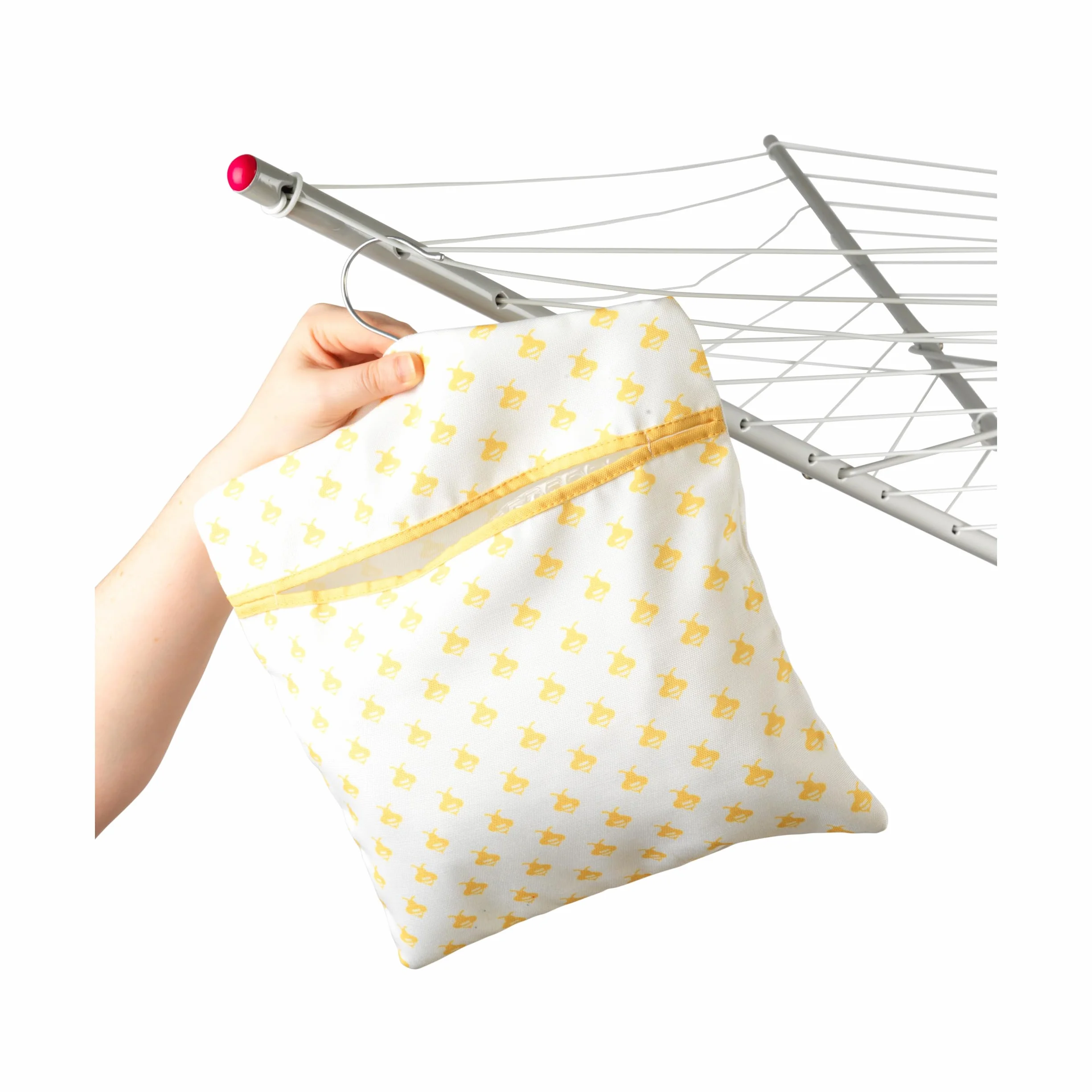 Kleeneze KL081575EU7 Zawieszany na sznurku worek na spinacze do bielizny Busy Bee | Prosty wieszak | Miesci 50 spinaczy | 33 נ30 cm | Zólty/bialy