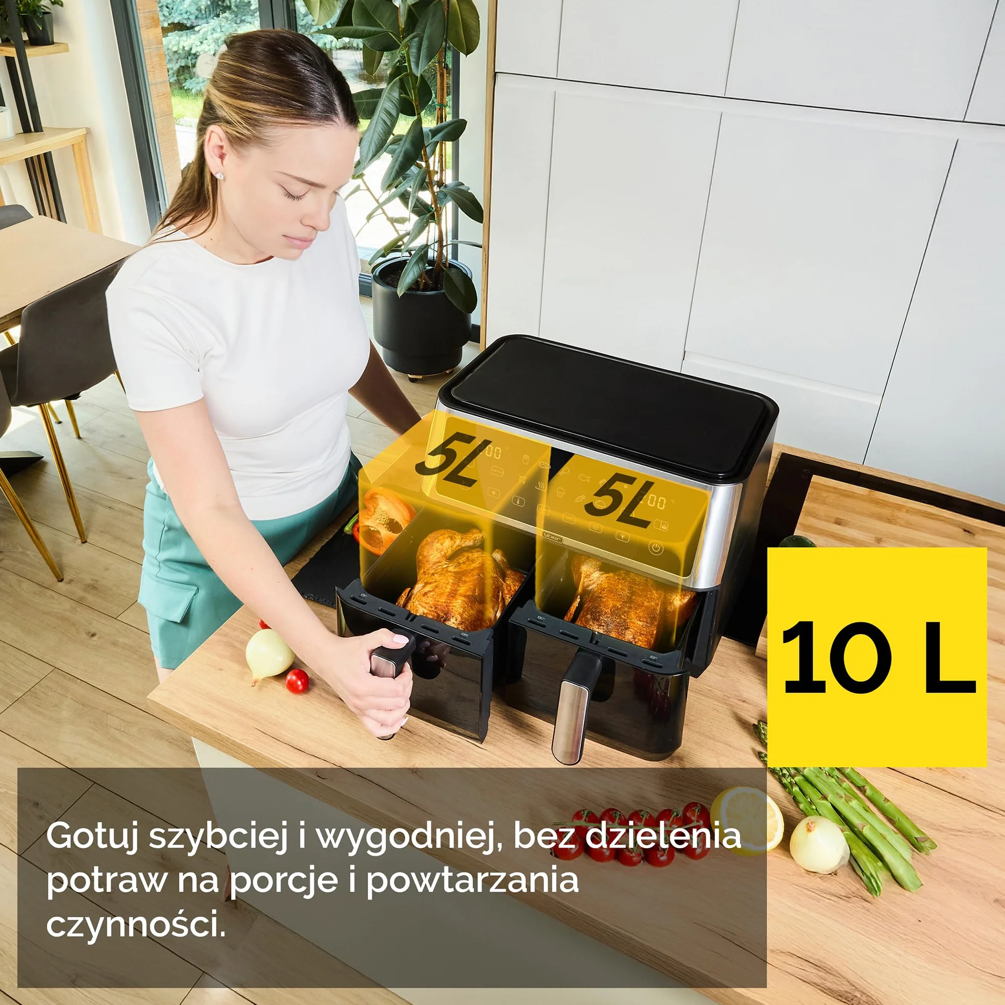 Yoer Frytkownica beztłuszczowa 10L, Airfryer, 6w1, 2850W, 2 niezależne komory, Nieprzywierająca powłoka, 10 automatycznych programów, Możliwość mycia misy w zmywarce, DualCrisp AF02BK, czarna