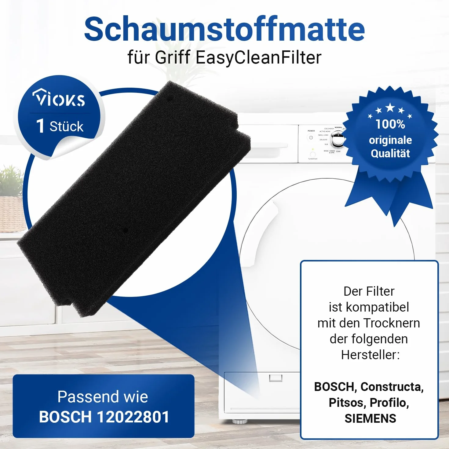 VIOKS Filtr gąbkowy do uchwytu EasyCleanFilter, zamiennik do suszarki Bosch 12022801, mata filtrująca, mata piankowa, filtr cokołowy do suszarki z pompą ciepła Bosch Siеmens