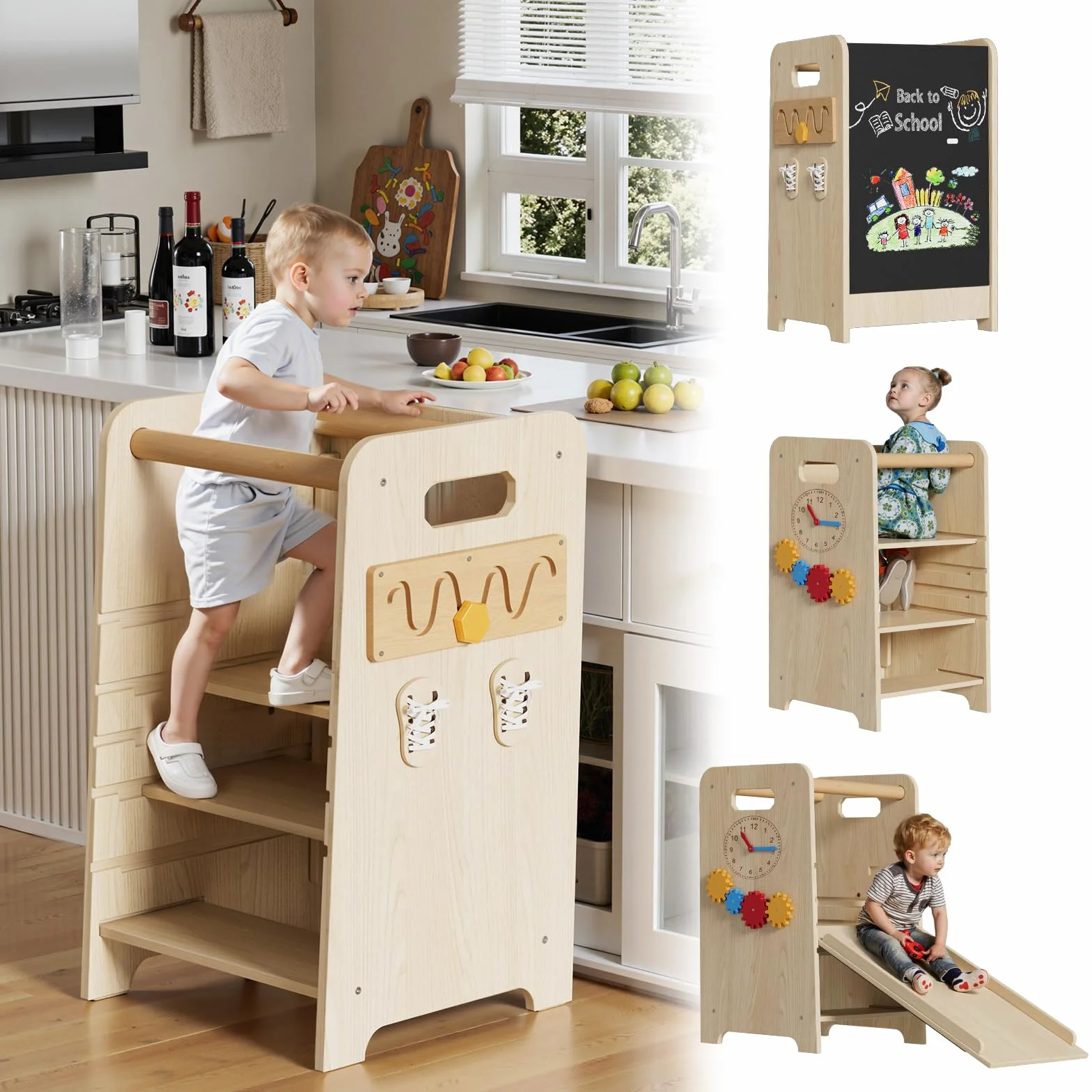 Montessori Wieża edukacyjna 4 w 1 drewniana z regulacją wysokości 4-stopniowa pomocnik kuchenny dla dzieci
