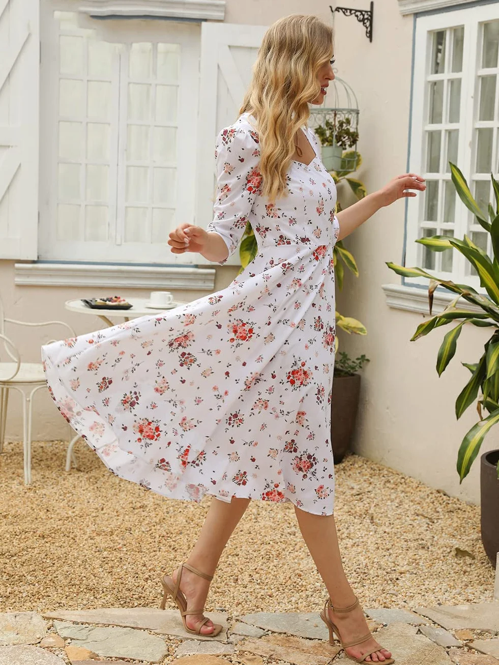 Damskie sukienki midi z nadrukiem kwiatowym kwadratowy kołnierz rękaw 3/4 linia A Party Vestidos styl francuski