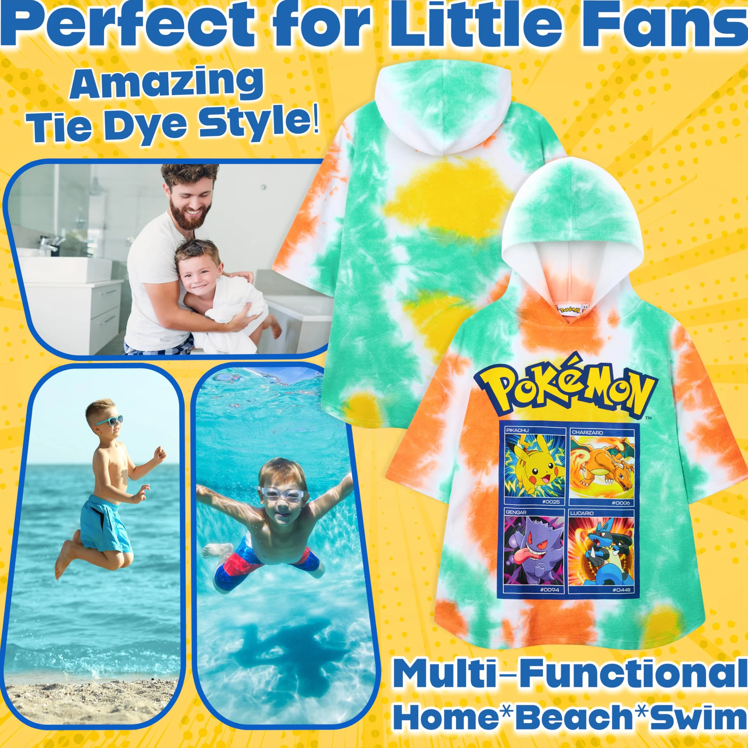 Pokémon Poncho dla chłopców (żółte, 6-9 lat)