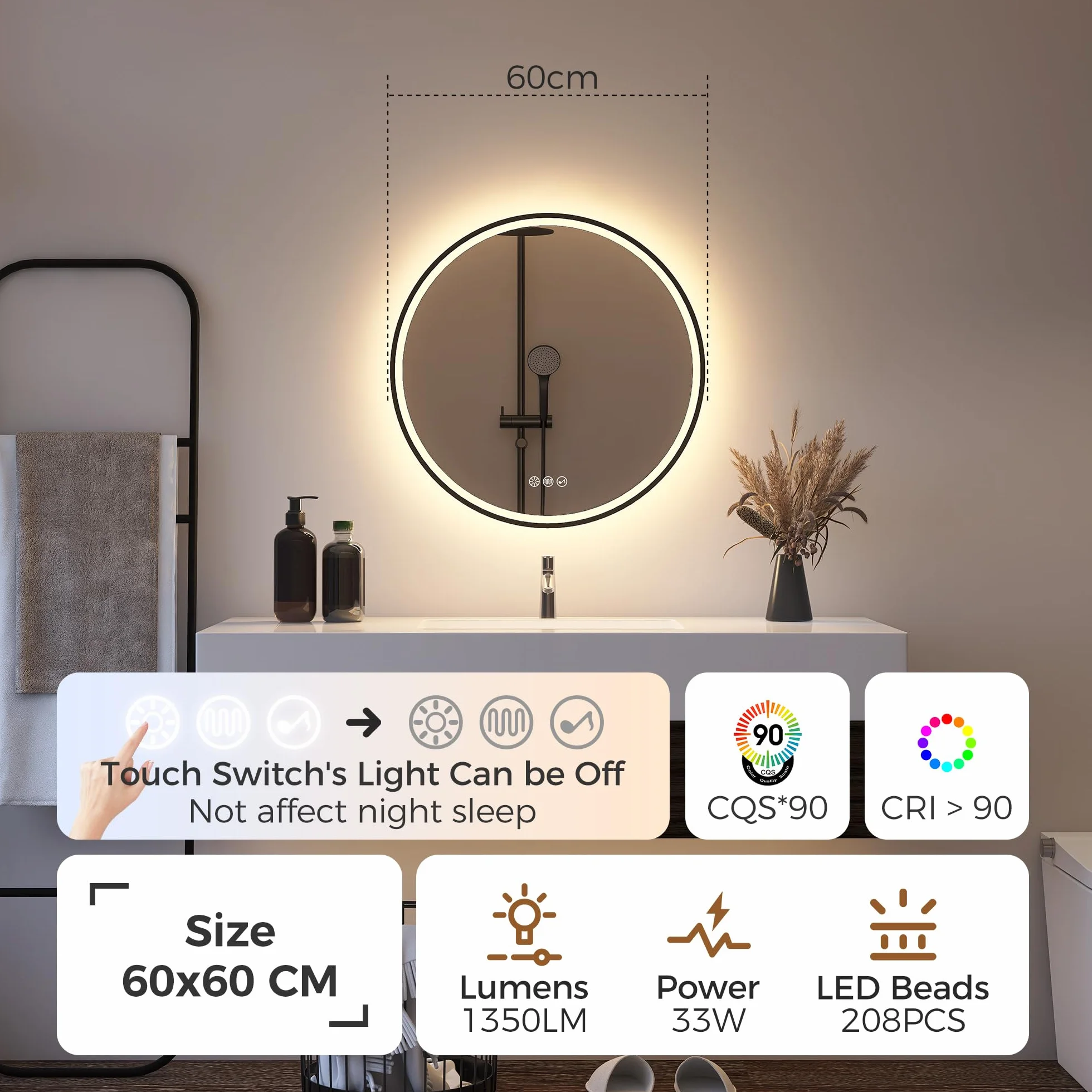 STARLEAD Lustro LED 60 cm Czarne Okrągłe z Bluetooth IP44 Szkło Hartowane