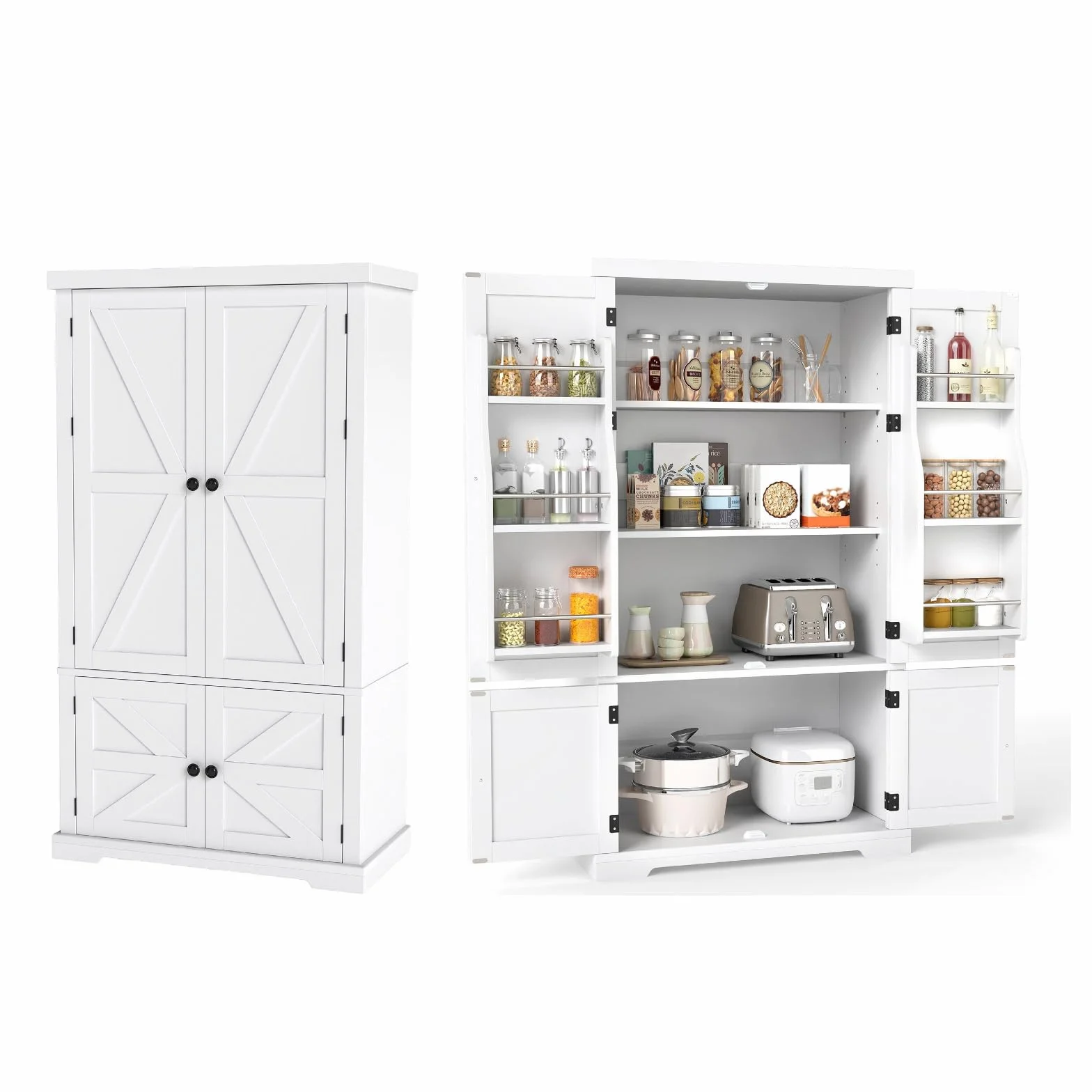 KOMFOTTEU Szafka kuchenna 4 drewniane drzwi 6 półek 2 regulowane półki 76,5x40x139 cm komoda do jadalni