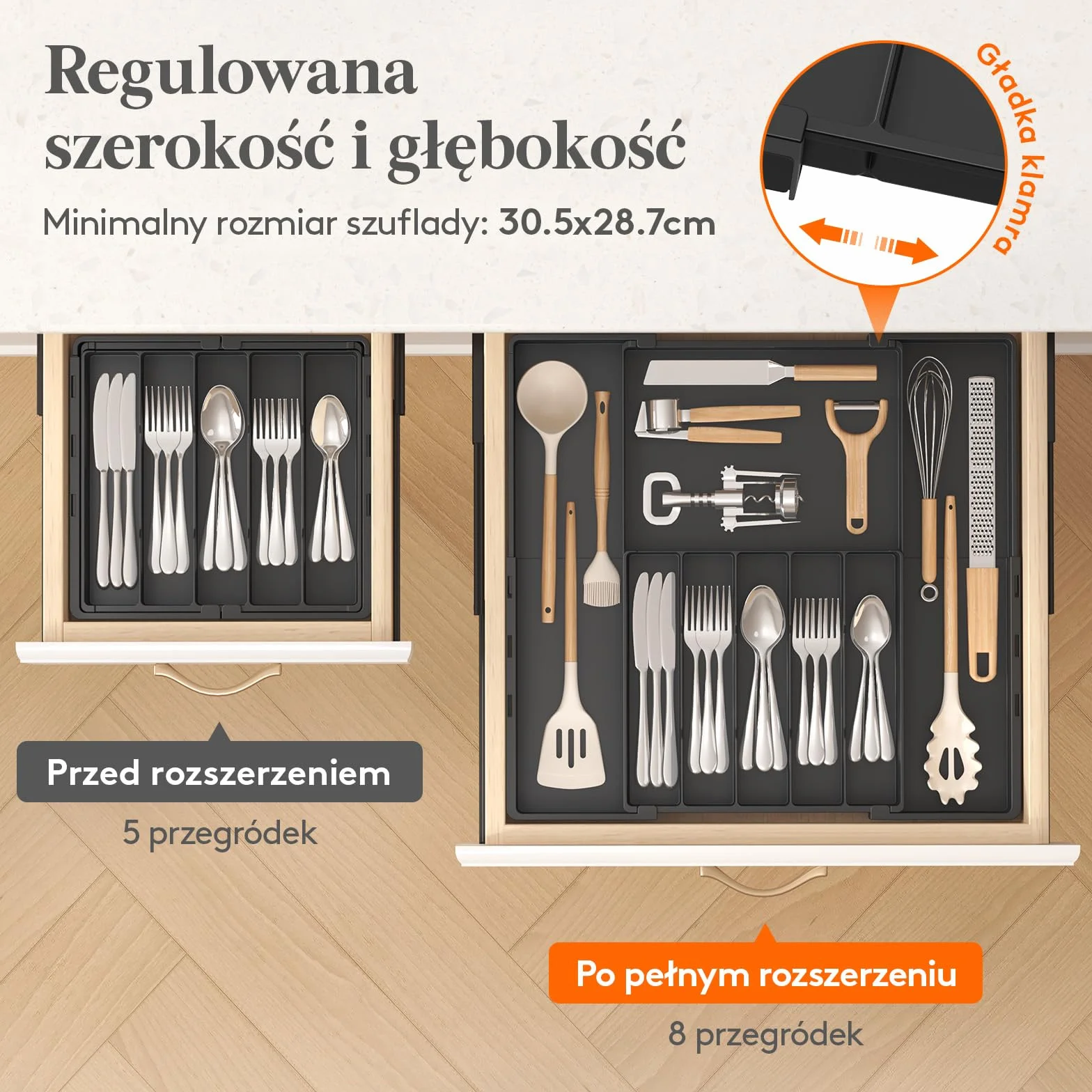 Lifewit Organizer na sztućce do szuflady, regulowany, 5-8 przegródek, szer. 30,5-52 cm, plastikowy