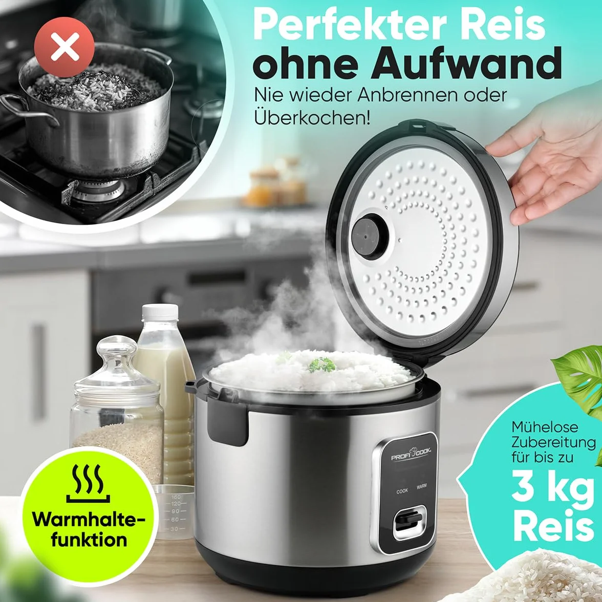 ProfiCook® szybkowar do ryżu 3 kg | szybkie przygotowanie bez przypalania | funkcja utrzymania ciepła | w zestawie kubek z miarką i łyżką do ryżu | Rice Cooker z nieprzywierającą powłoką | szybkowar