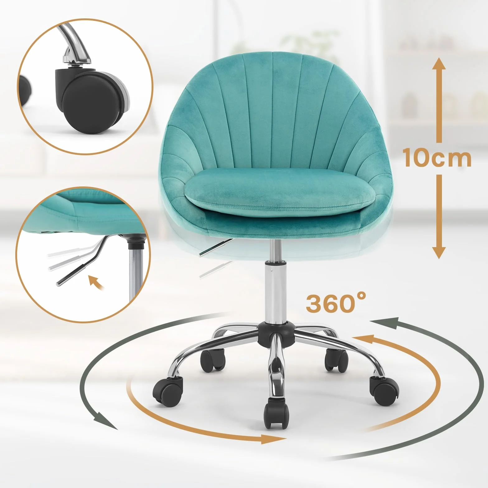 WOLTU Krzesło biurowe, ergonomiczne, obrotowe, z kółkami, obciążenie 150 kg, do gabinetu, sypialni, aksamitne, turkusowe, BS167ts