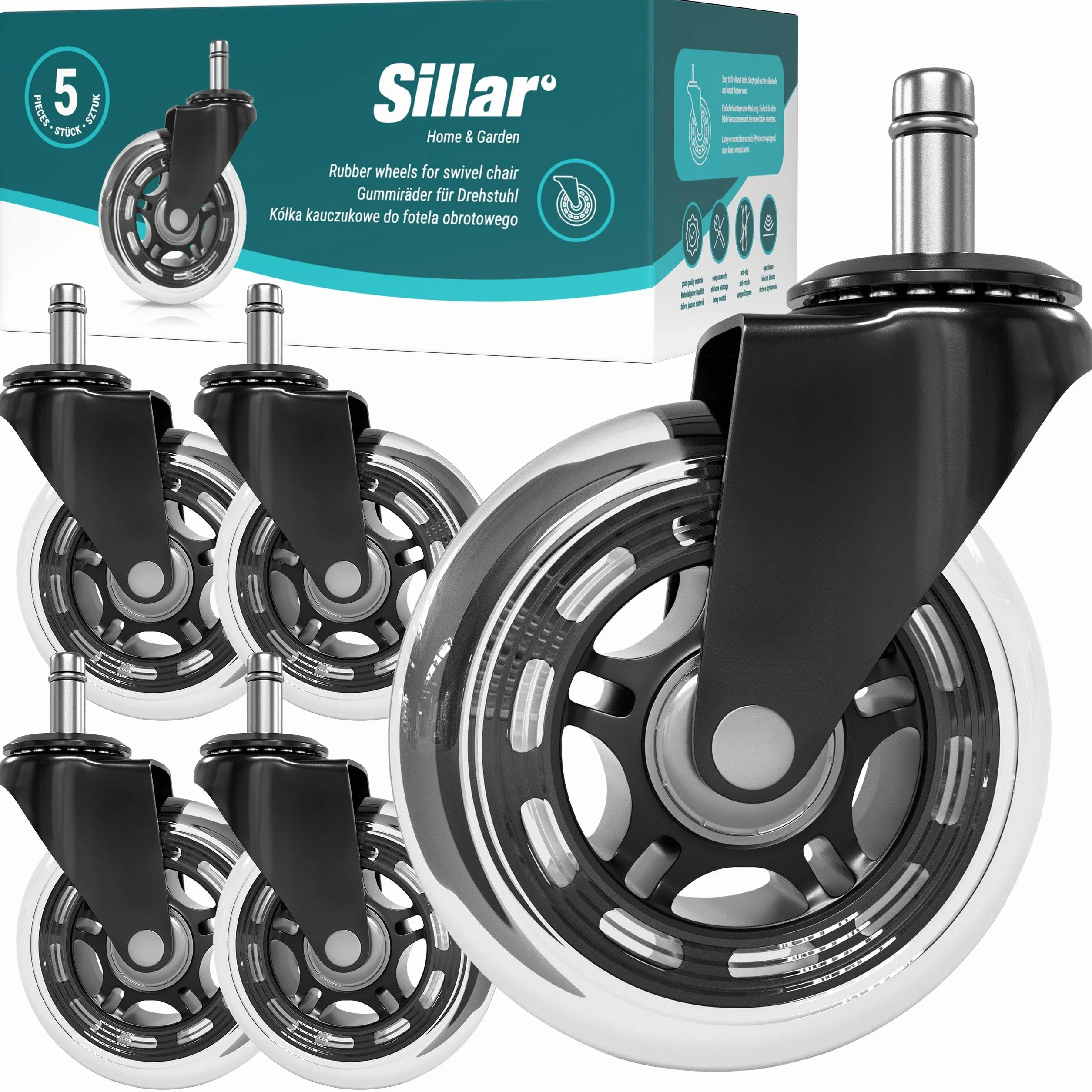 Sillar Zestaw 5 kółek do krzeseł biurowych 11 mm x 22 mm 360 stopni