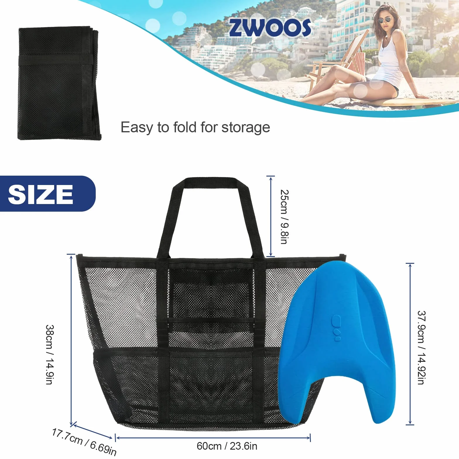 ZWOOS Torba plażowa, duża, siatkowa, na plażę, urlop, podróż, piknik, na plażę, urlop, podróż, piknik, kolor czarny, czarny, 23.6 x 14.9 x 6.7 Zoll