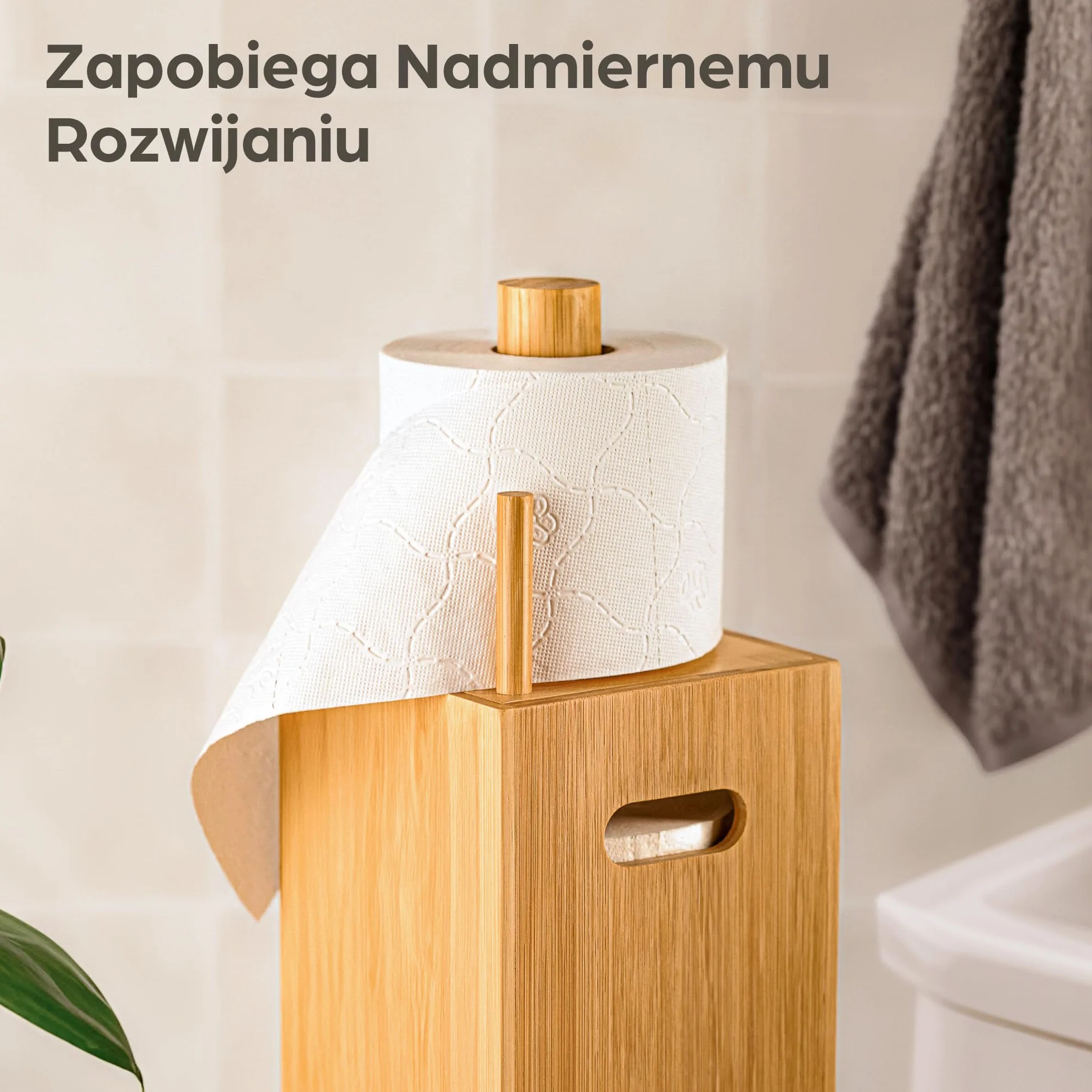 Stojący Uchwyt na Papier Toaletowy Bambus FSC z Magnetyczną Pokrywą 4 Rolki Antypoślizgowy