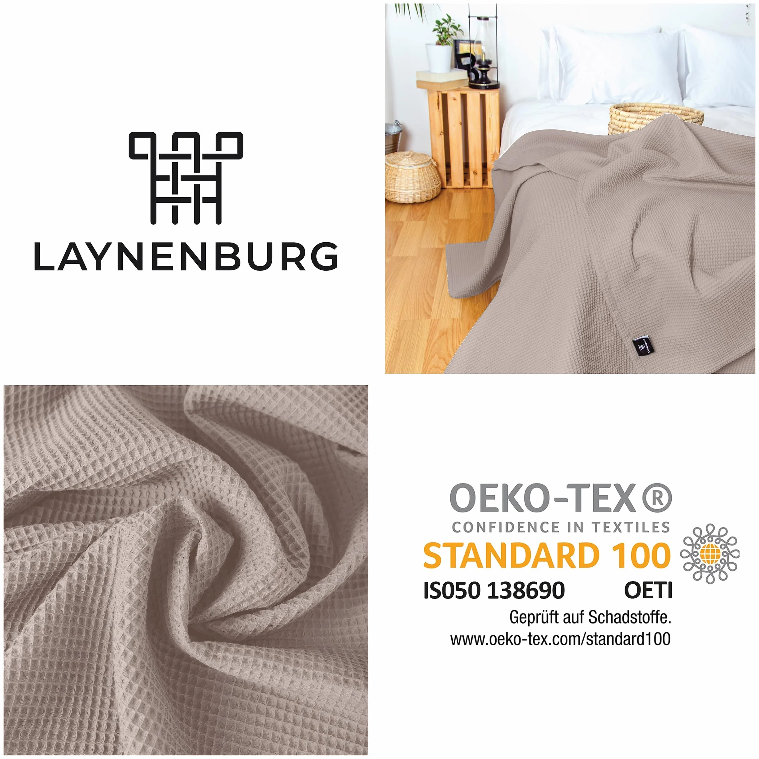 LAYNENBURG Narzuta klasy premium, 150 x 200 cm, 100% bawełny o strukturze waflowej, lekkie nakrycie letnie, bawełniana narzuta na łóżko, sofę, kolor: taupe