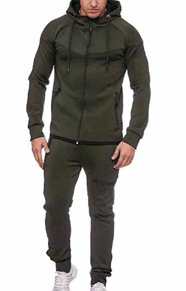 Huixin Dres męski na co dzień moda jednolity kolor dres spodnie dresowe + z zamkiem błyskawicznym bluza top zestaw, Wojskowa zieleń, XXL