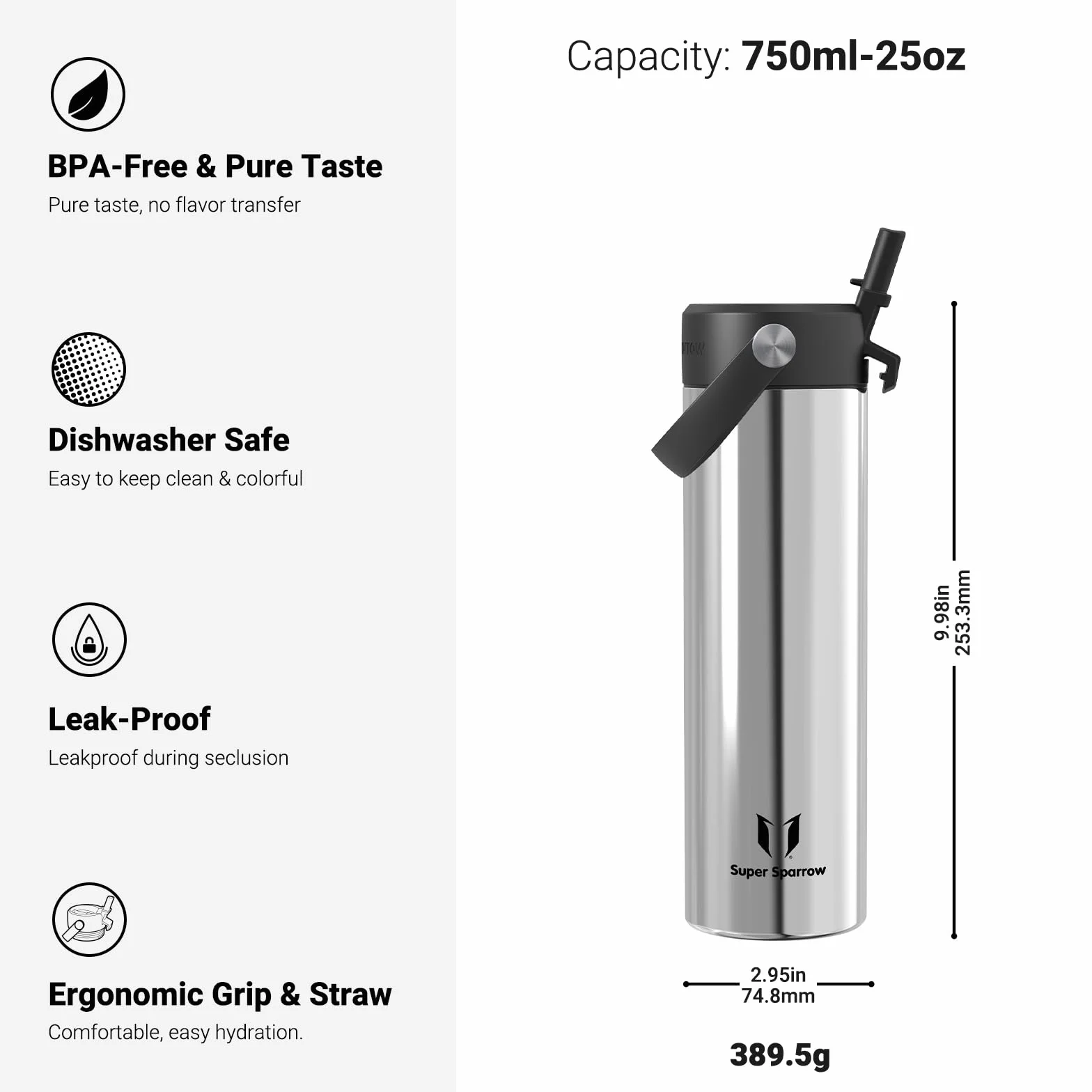 Sparrow SwivelSip Butelka Termiczna Ze Stali Nierdzewnej - 750ml - Metalowa Butelka ze Słomką i Szerokim Otworem - Bez BPA, Szczelna - Izolowany Termos Do Siłowni, Podróży, Outdooru