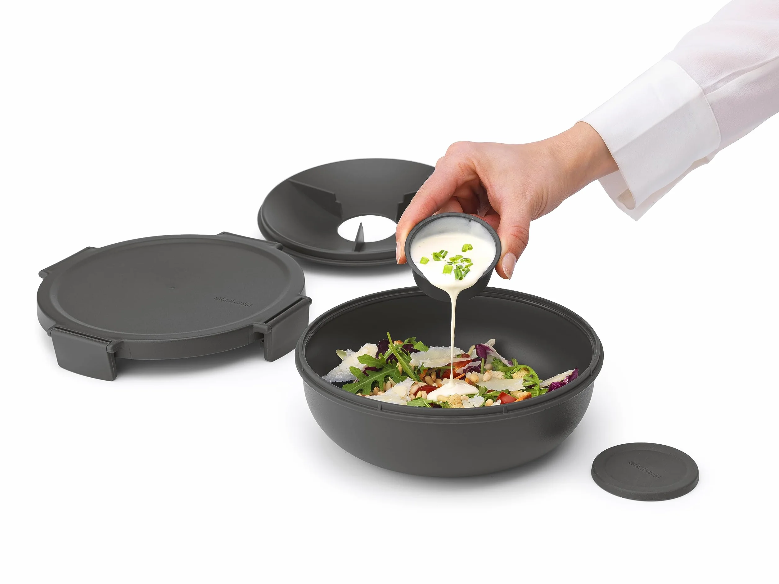 Brabantia Make & Take Miska na Sałatkę 1.3L Wyjmowana Taca na Dodatki Pokrywka Szczelna Dark Grey
