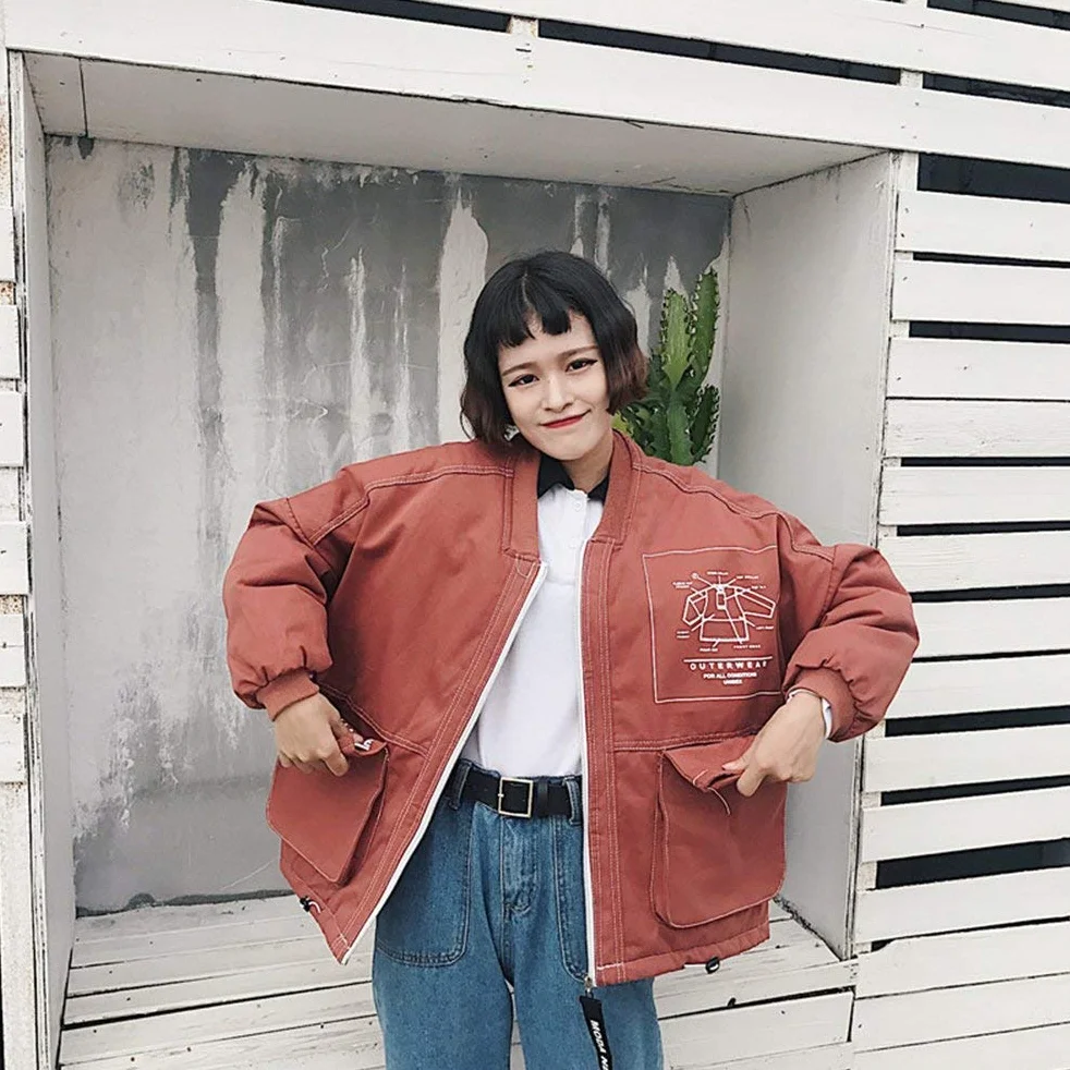 Kurtka damska jesień zima elegancki luźny płaszcz na zewnątrz z długim rękawem zamek błyskawiczny retro na co dzień moda vintage chłopak styl kurtka płaszcz odzież wierzchnia, Czerwony, L
