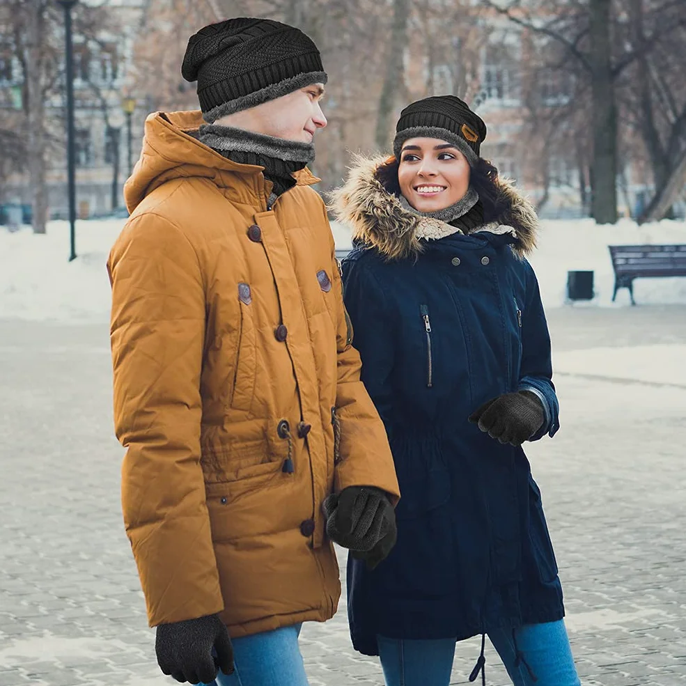 OOPOR Czapka zimowa szalik zestaw rękawiczek – ciepła dzianinowa czapka beanie koło ocieplacz na szyję rękawiczki do ekranu dotykowego sporty na świeżym powietrzu super miękka polarowa podszewka