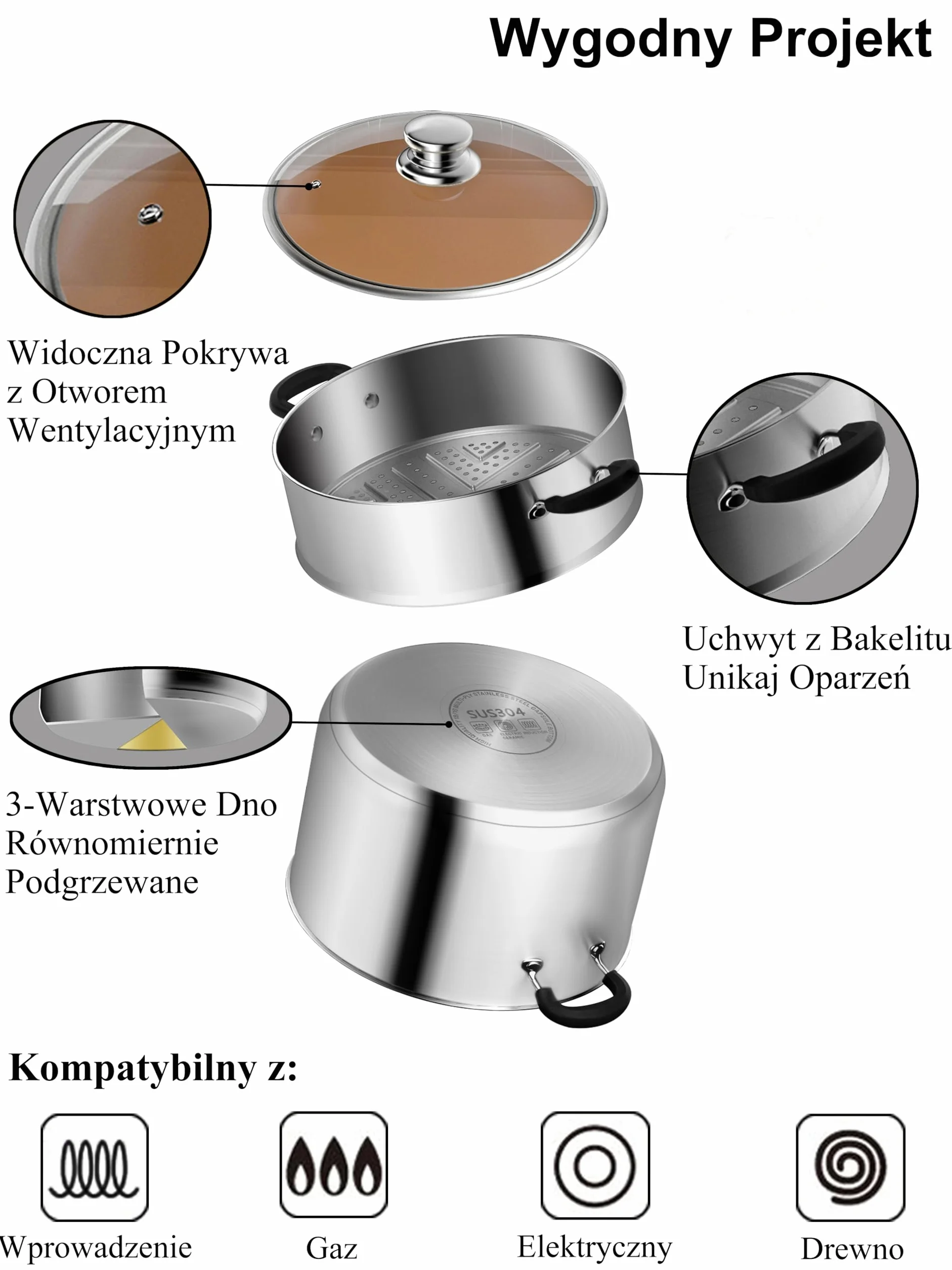 VENTION Parowar ze Stali Nierdzewnej 18 cm do Płyty Indukcyjnej 2 l