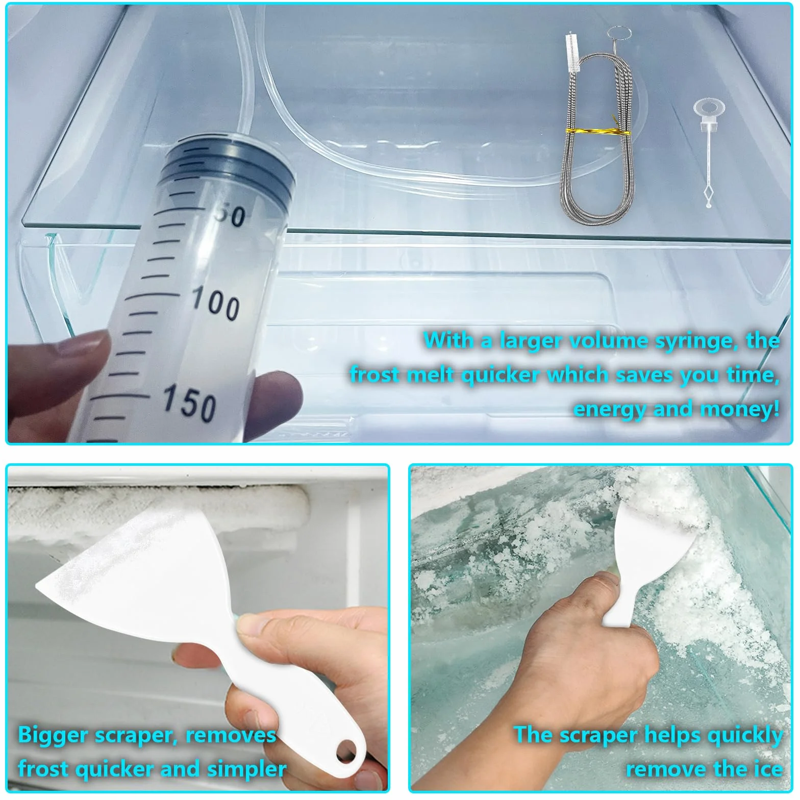 Czyszczenie odpływu lodówki 200 ml – 8 sztuk zestaw do czyszczenia lodówki, skuteczne usuwanie nieprzyjemnego zapachu, do sprzątania lodówki, szczotki, węża, strzykawki, łopatki do odmrażania, tłoków