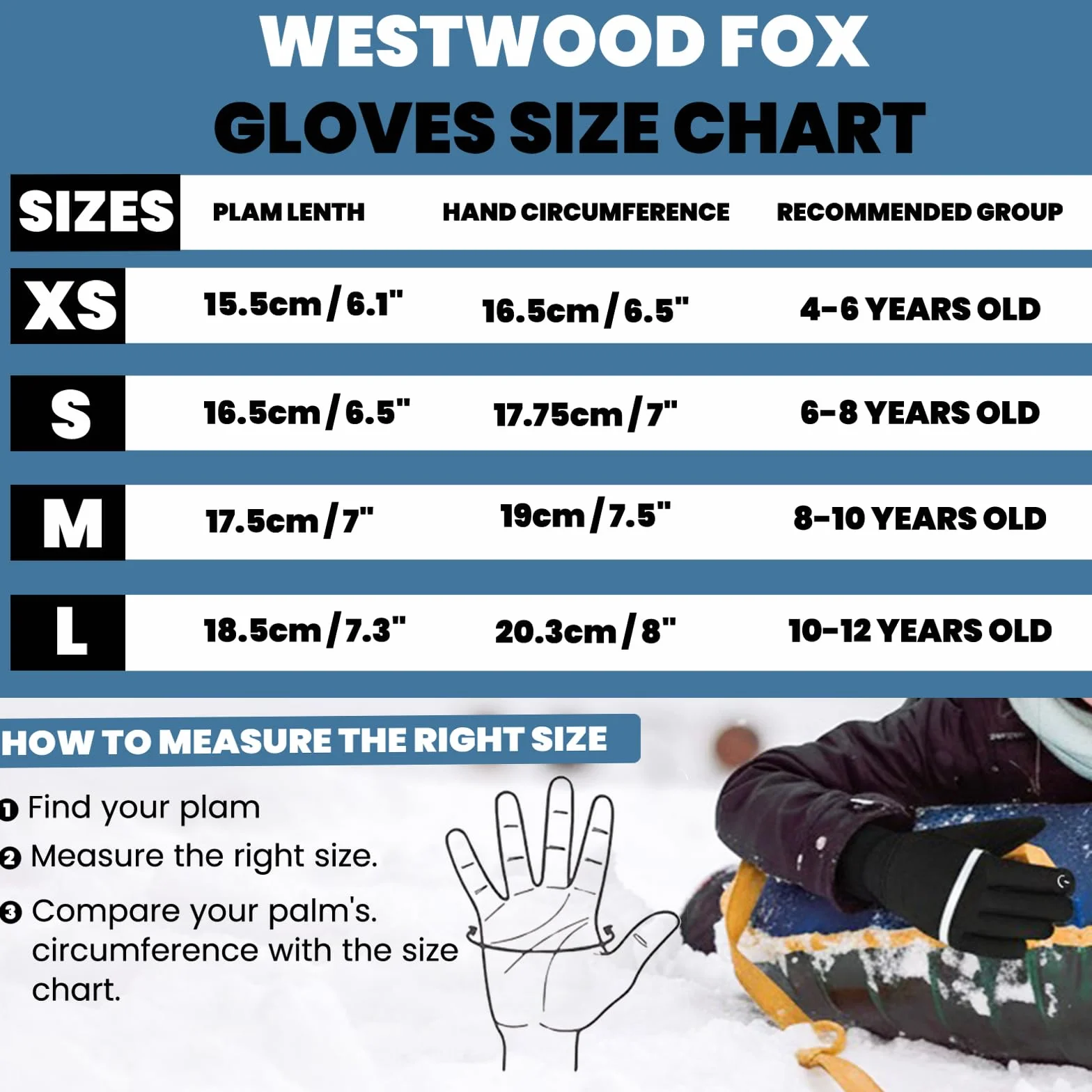WESTWOOD FOX WFX Zimowe rękawice termiczne dla dzieci z ekranem dotykowym, antypoślizgowe, grube, ciepłe, wiatroszczelne, rękawice rowerowe dla chłopców i dziewcząt, 6-12 lat, do biegania, piłki
