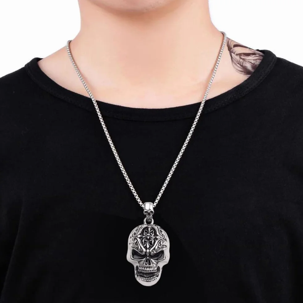 JKJF Naszyjnik z wisiorkiem w kształcie czaszki fajny naszyjnik ze stali nierdzewnej gotycki punk rock hip hop naszyjnik dla mężczyzn - srebrny, stal nierdzewna, Stal nierdzewna