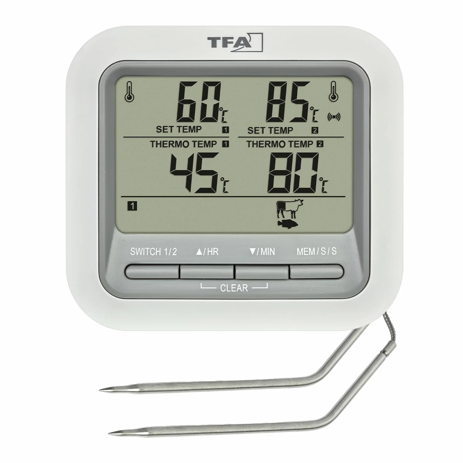 TFA Dostmann Cyfrowy termometr do grilla, 14.1516, z 2 sondami ze stali nierdzewnej, termometr do mięsa do piekarnika i grilla, do 300°C, z funkcją alarmu, wołowina/wieprzowina/kurczaka/ryba, biały