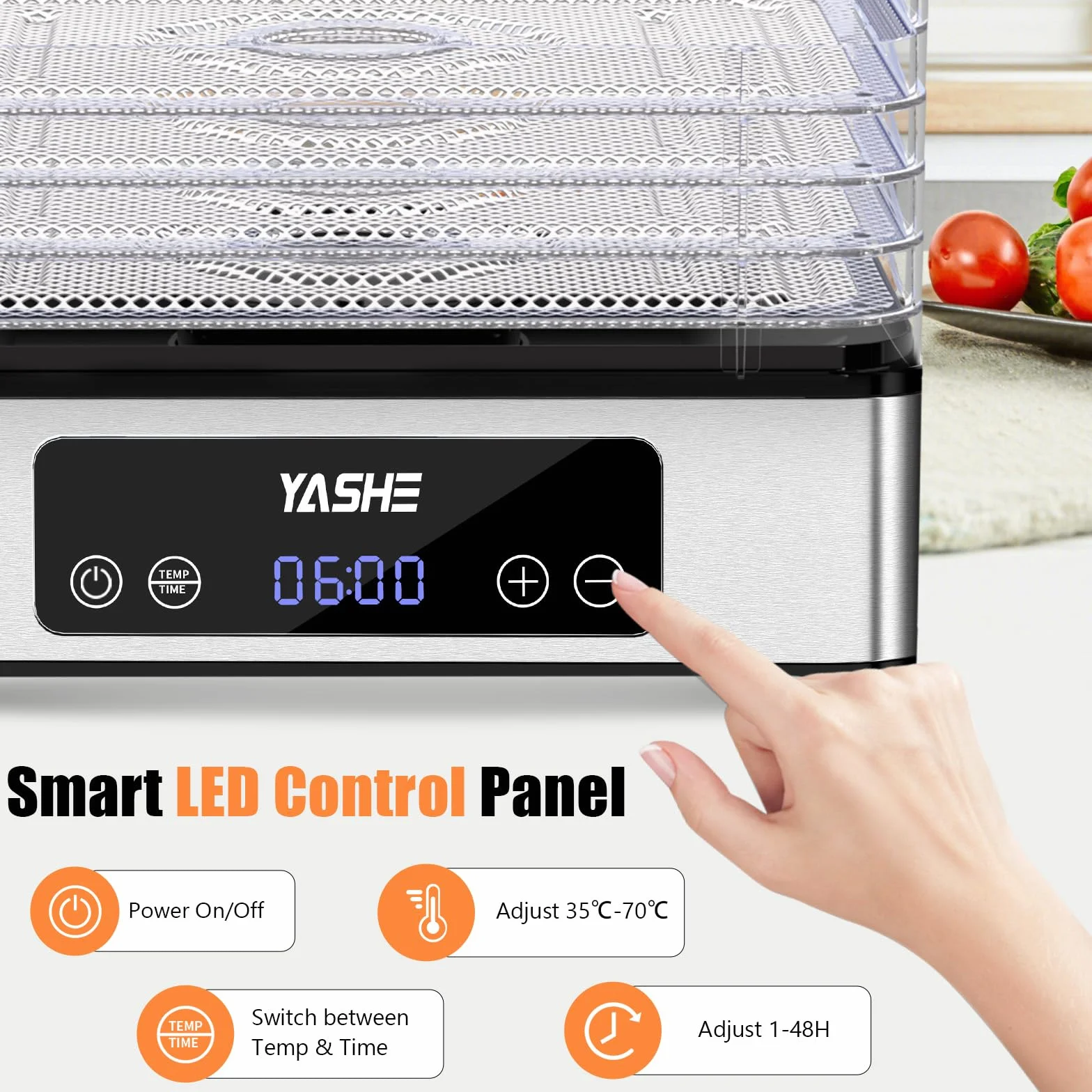 YASHE Dehydrator do Żywności 5-Tacowy Suszarka ze Stali Nierdzewnej 400W Regulowany Timer Temperatura