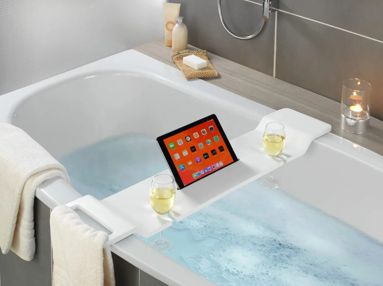 WENKO Taca na wannę Matera z półką na tablet, żywica poliestrowa, 94x5x20 cm