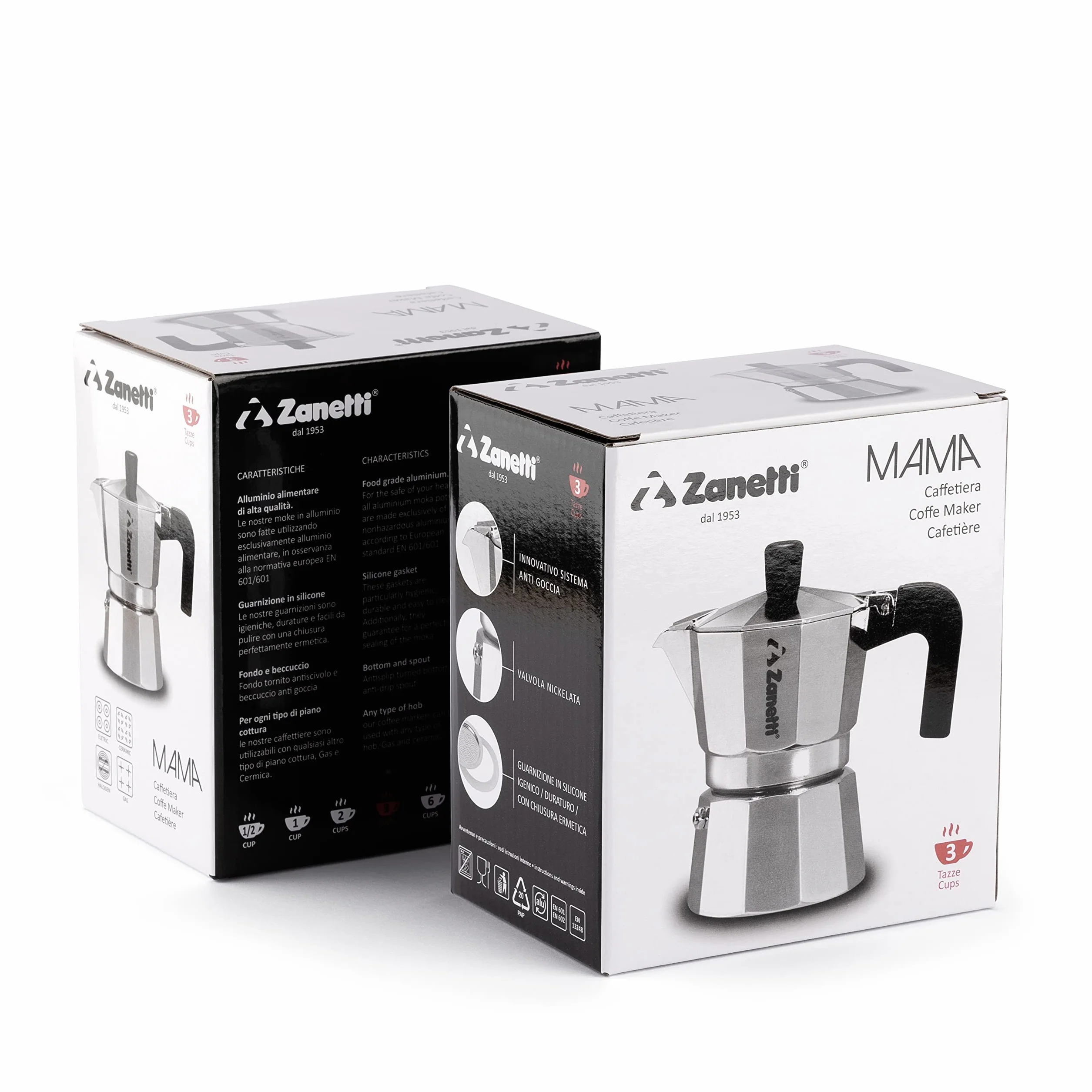 Zanetti, Mama Aluminiowy dzbanek do kawy Mocha, ekspres do kawy, 2 filiżanki, ekspres do kawy z systemem zapobiegającym kapaniu, uszczelnienie silikonowe, ergonomiczny uchwyt