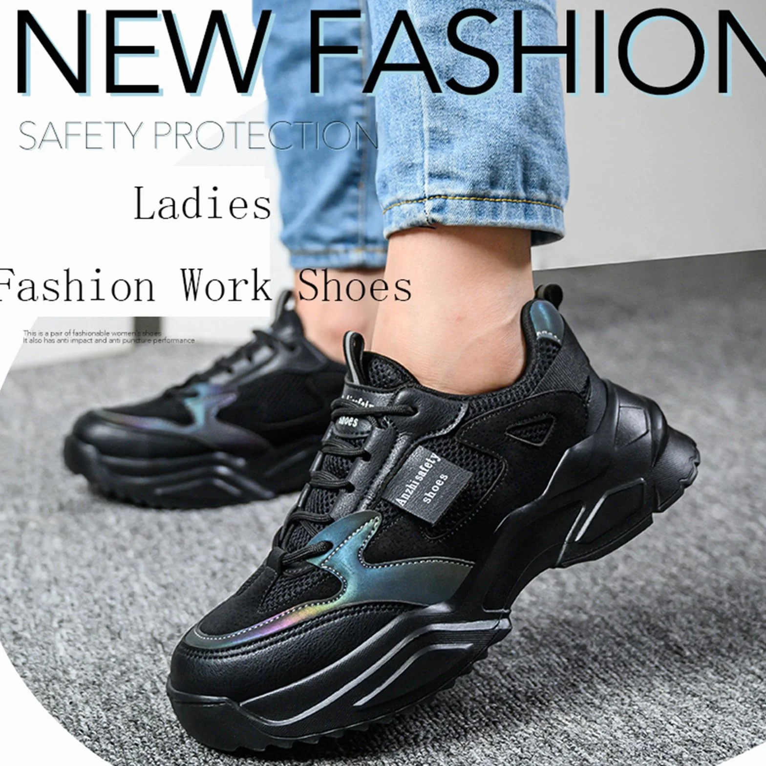 Micoklinlin Damskie buty robocze, modne buty ochronne, lekkie, stalowe noski, dla kobiet, z odblaskowymi paskami