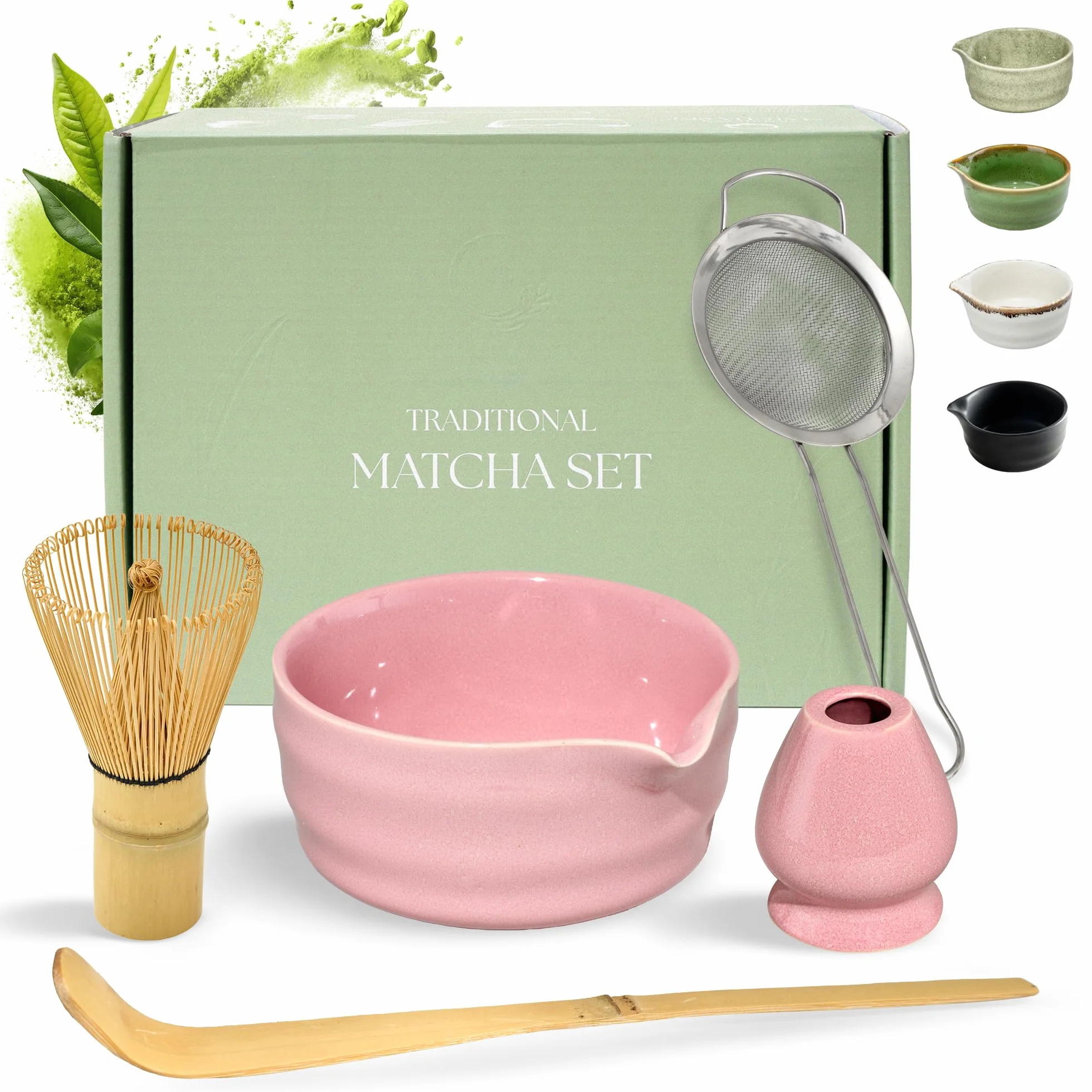 Comforder Zestaw do Herbaty Matcha z Ceramiczną Miseczką, Bambusową Trzepaczką i Podstawką, Różowy