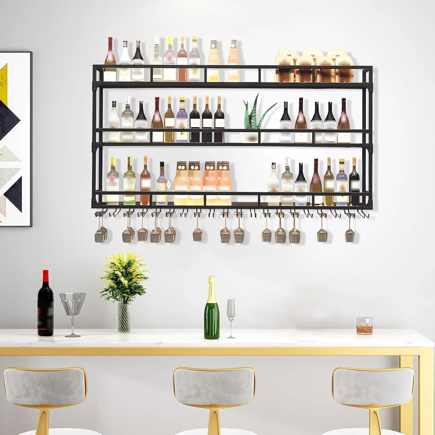 3 Poziomów Stojak na wino, Uchwyt na kieliszki do wina na ścianę, uchwyt na kieliszki, z półką przechowywania butelek, odpowiedni do baru, restauracji, kuchni (Czarny, 150cm)