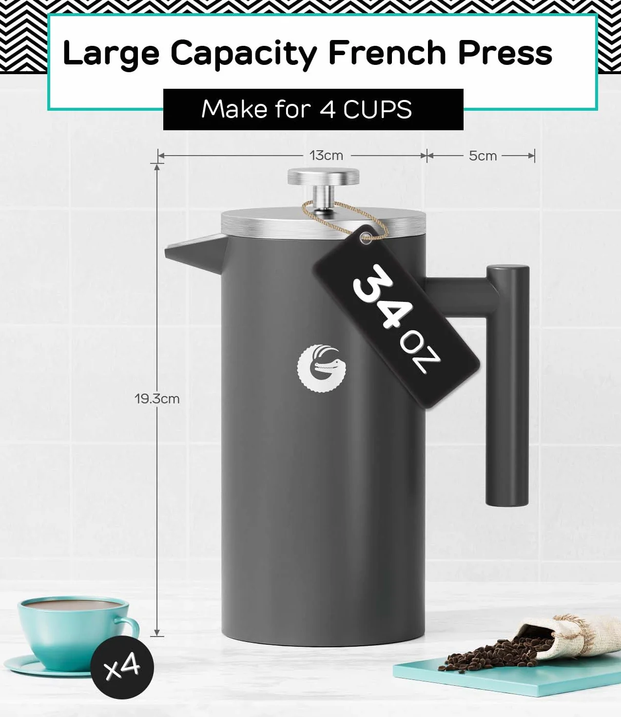 Coffee Gator Cafetiere French Press plus mini pojemnik na słoiki, izolowana prasa do kawy z podwójnymi ściankami z filtrem ze stali nierdzewnej, zaparzacz do herbaty na gorąco i zimno, 1 litr (4-8